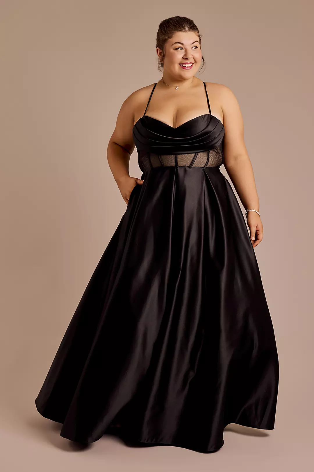 Draped Cowl Sheer Corset Satin Ball Gown - Image 3