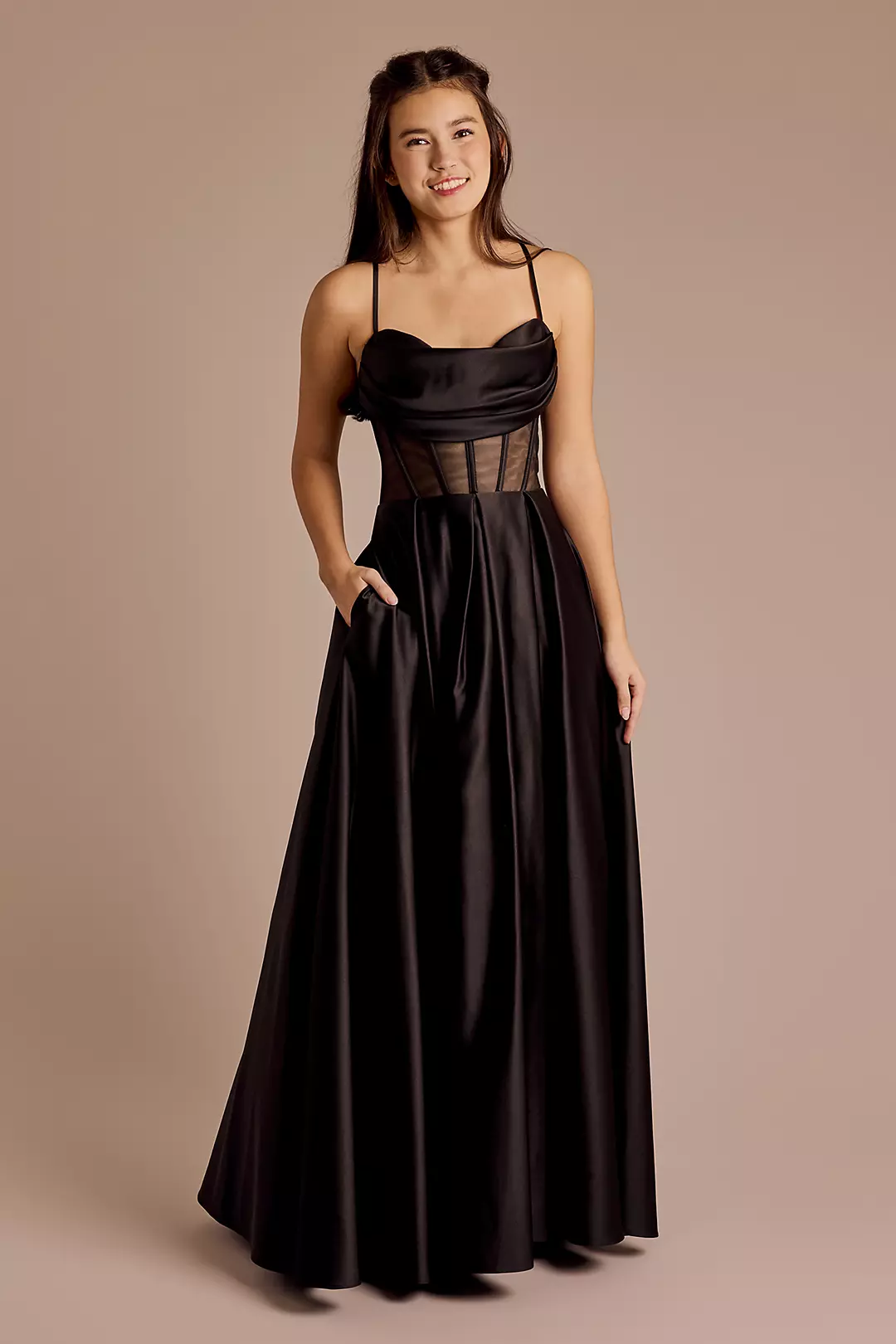Draped Cowl Sheer Corset Satin Ball Gown - Image 4