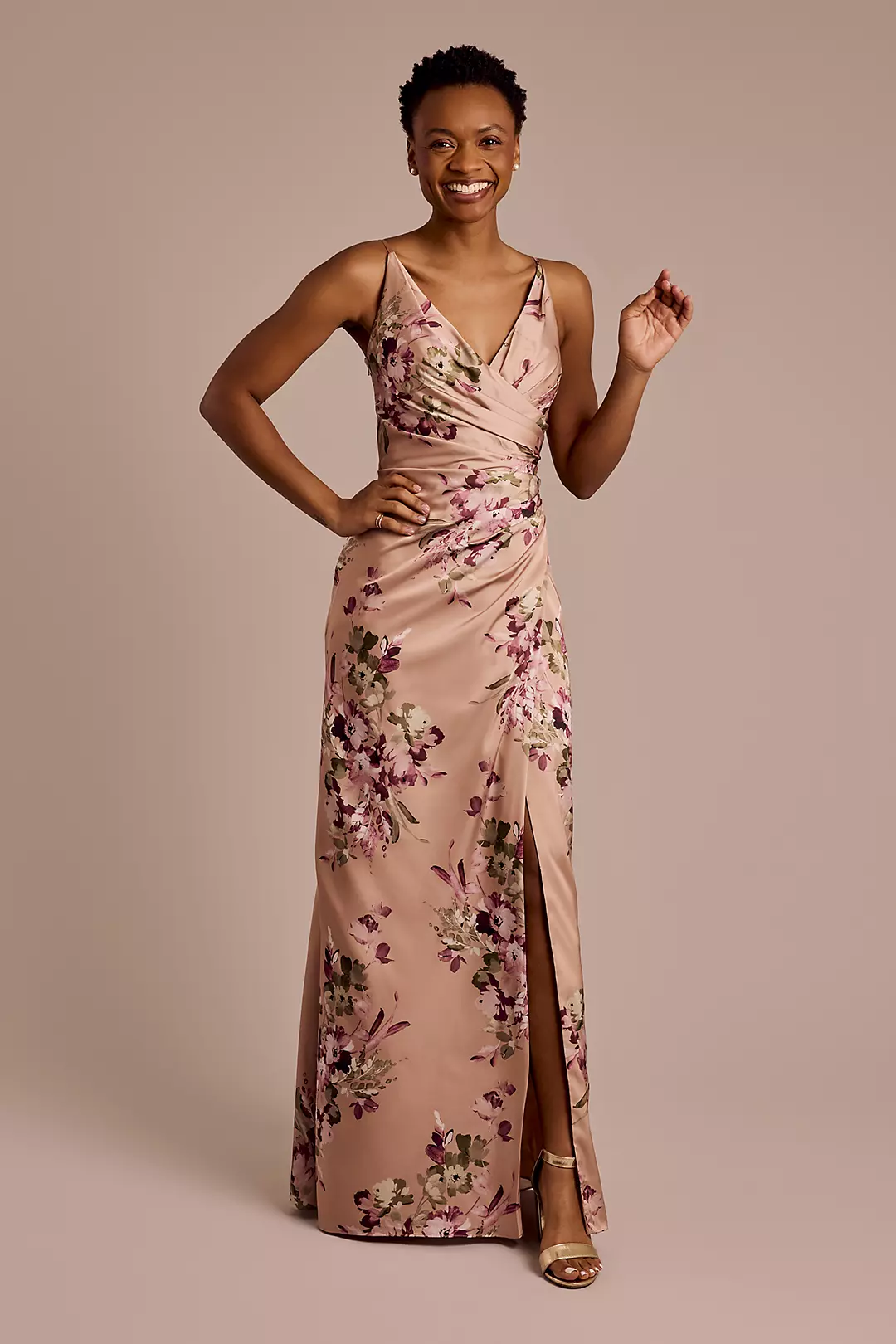 Draped Floral Charmeuse Strappy Bridesmaid Dress - Image 6