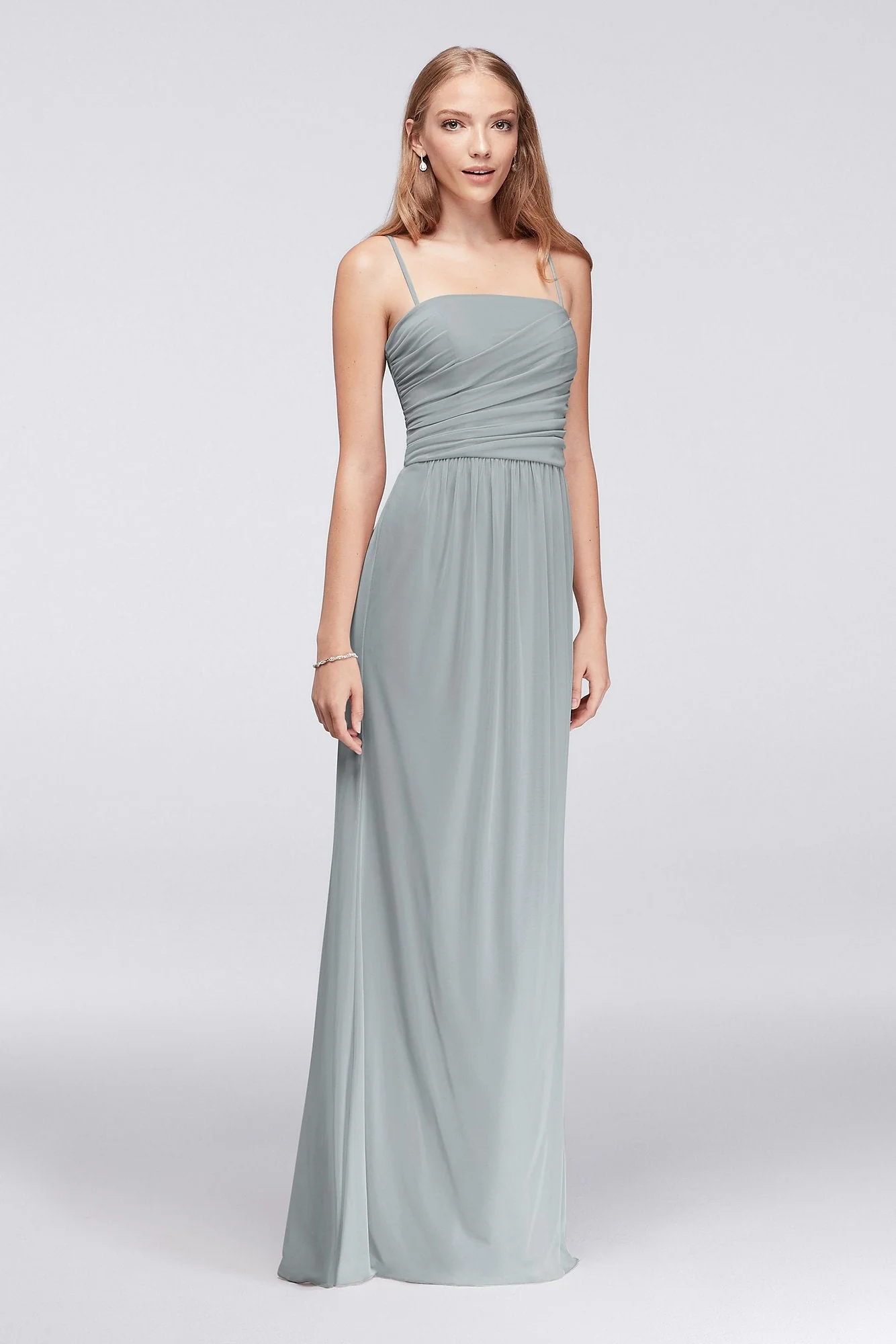 Draped Long Mesh Dress with Spaghetti Straps - Image 11