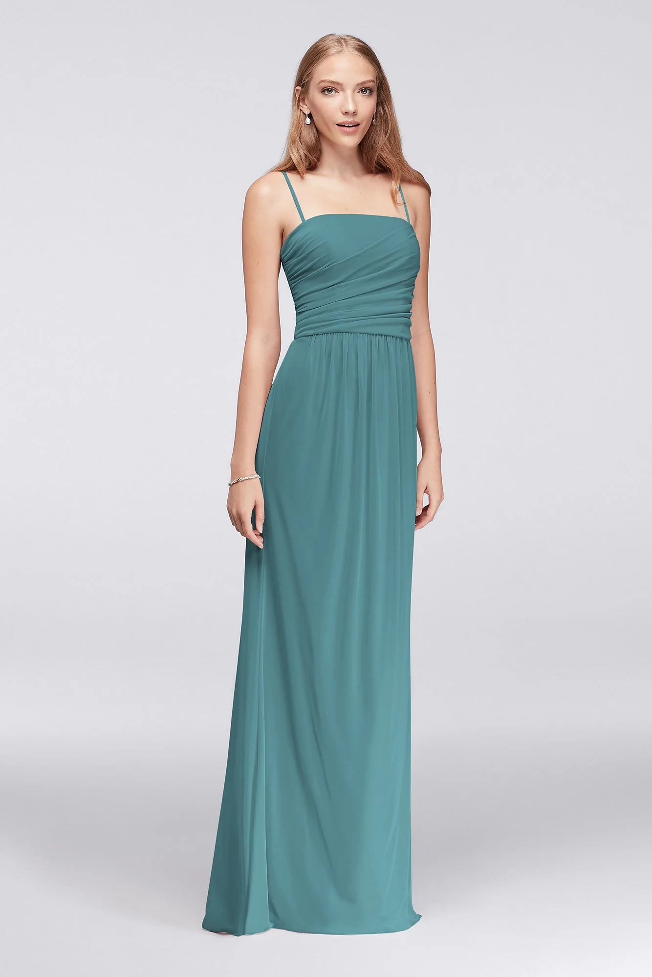 Draped Long Mesh Dress with Spaghetti Straps - Image 79
