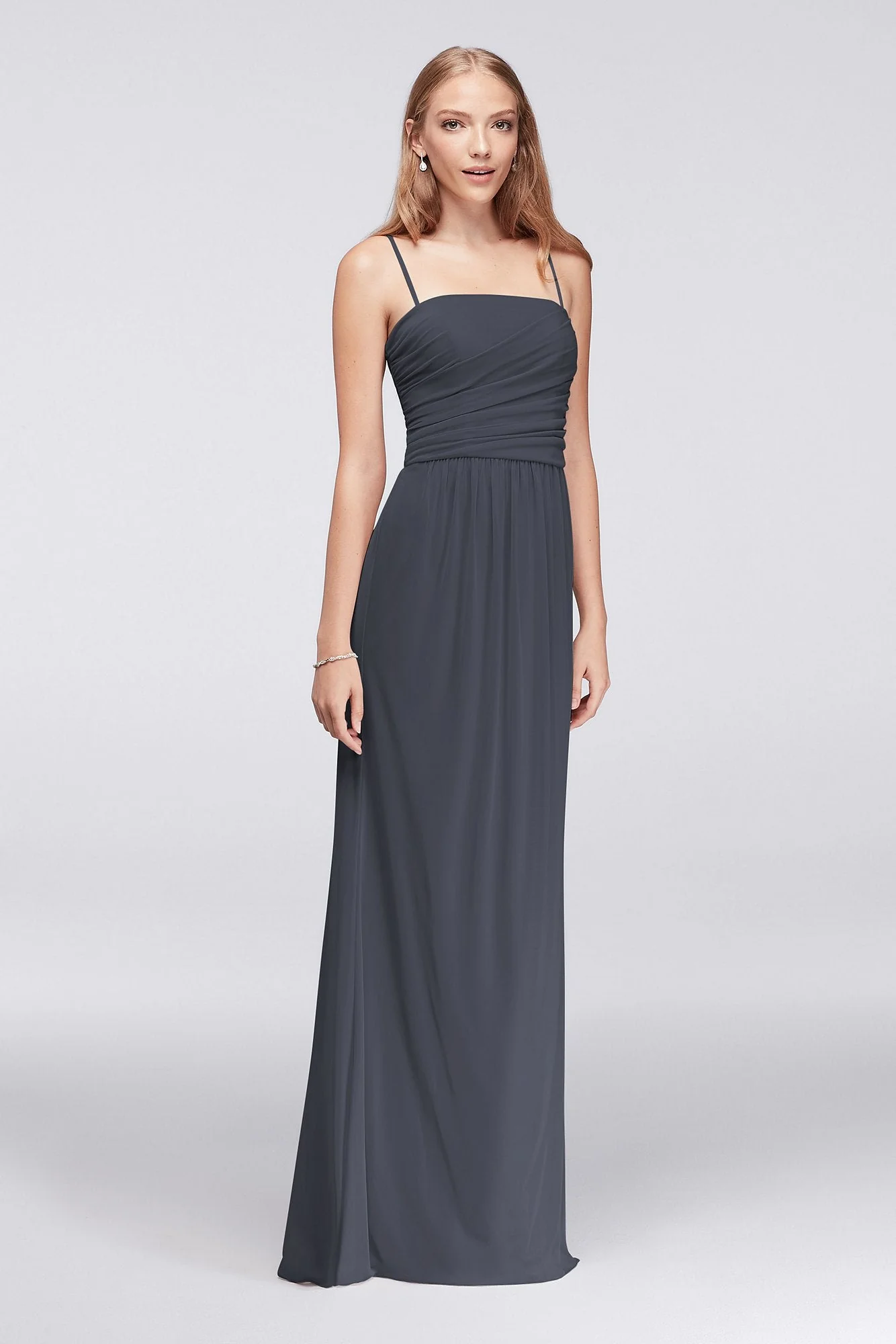 Draped Long Mesh Dress with Spaghetti Straps - Image 81