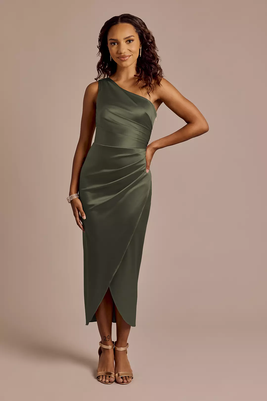 Draped One-Shoulder Sculpting Satin Midi Dress - Image 12