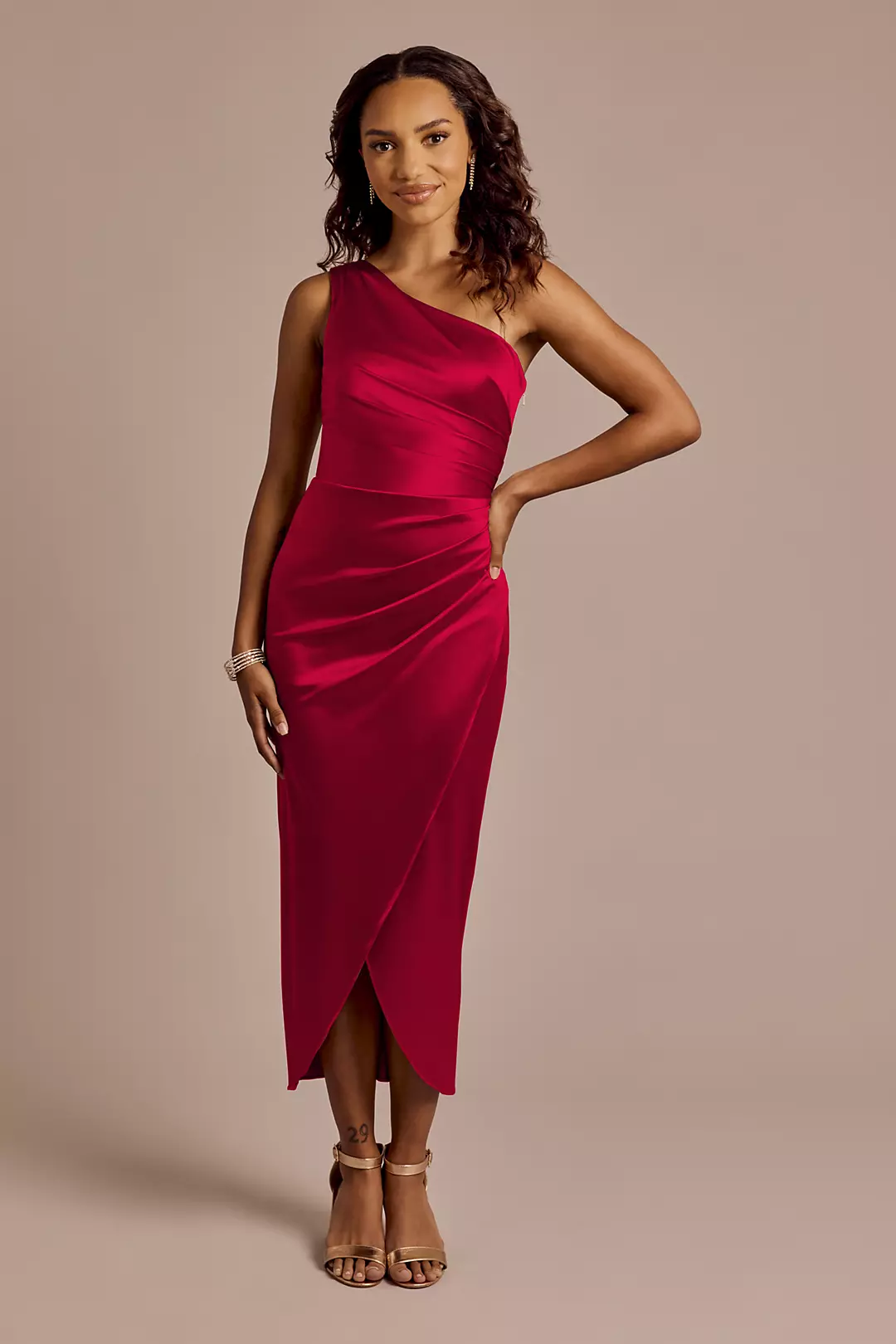 Draped One-Shoulder Sculpting Satin Midi Dress - Image 30