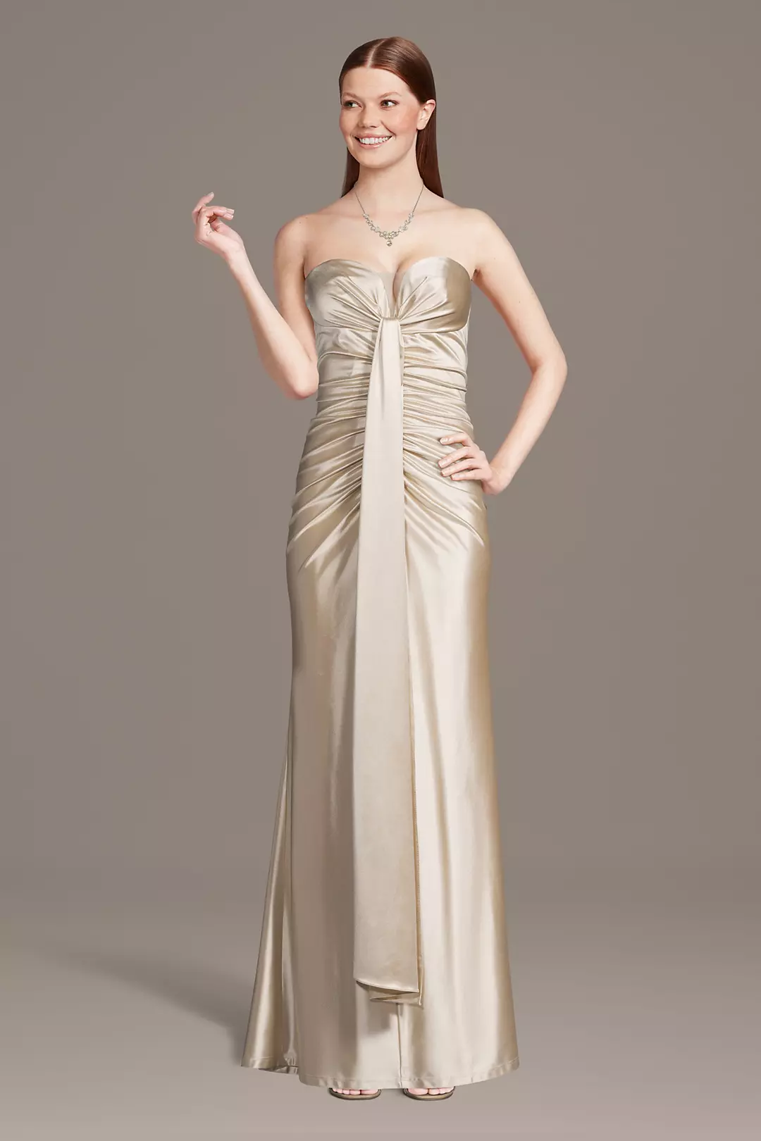 Draped Sculpting Satin Sheath Dress with Streamer - Image 4
