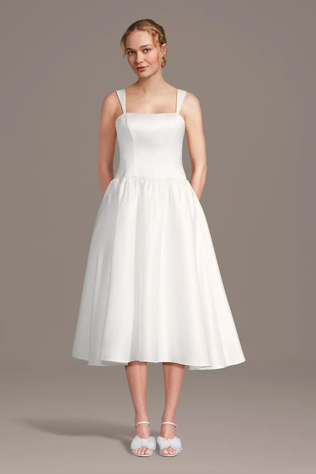 Drop Waist Satin Midi Dress with Tank Straps