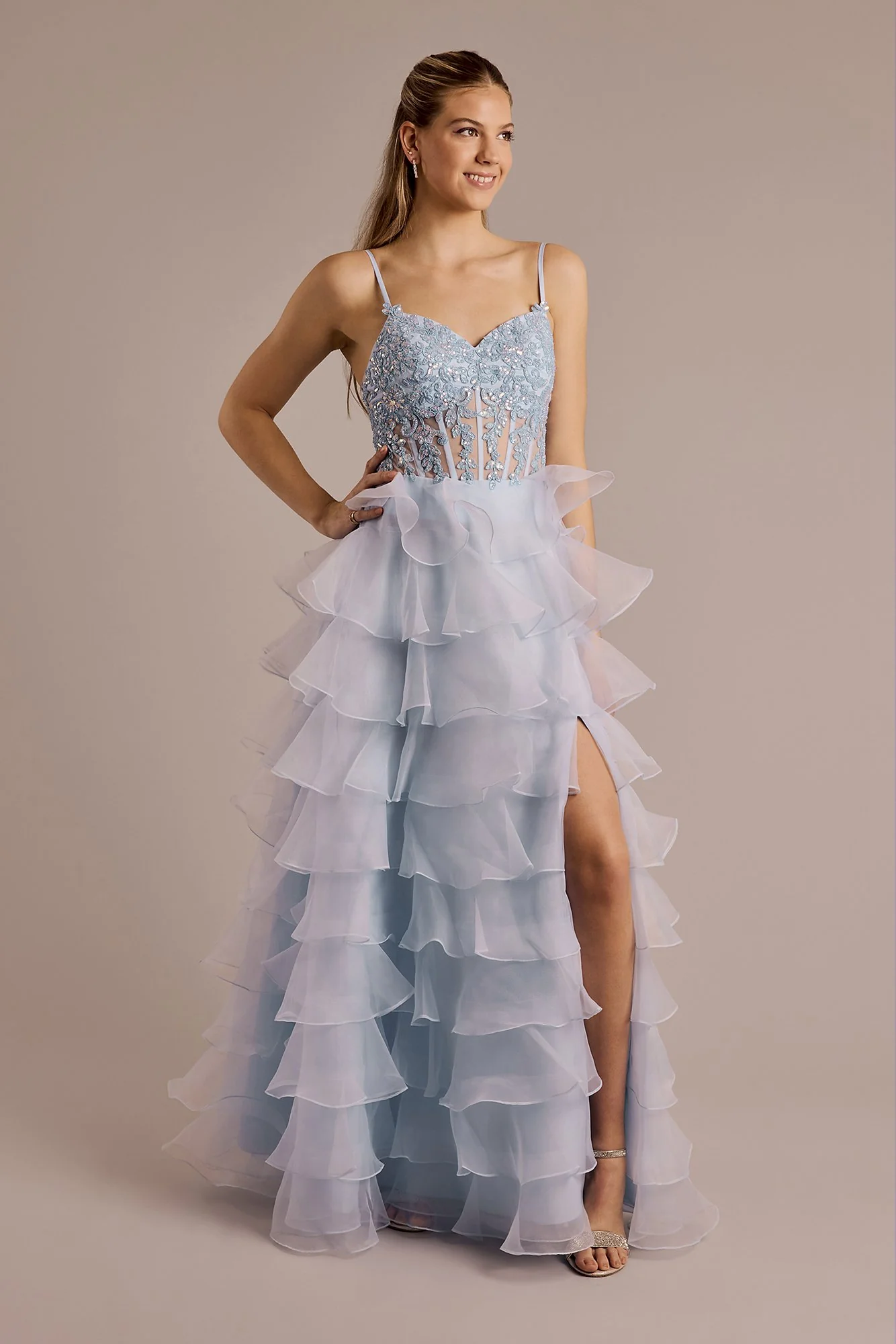 Embellished Bodice Ball Gown with Tiered Skirt