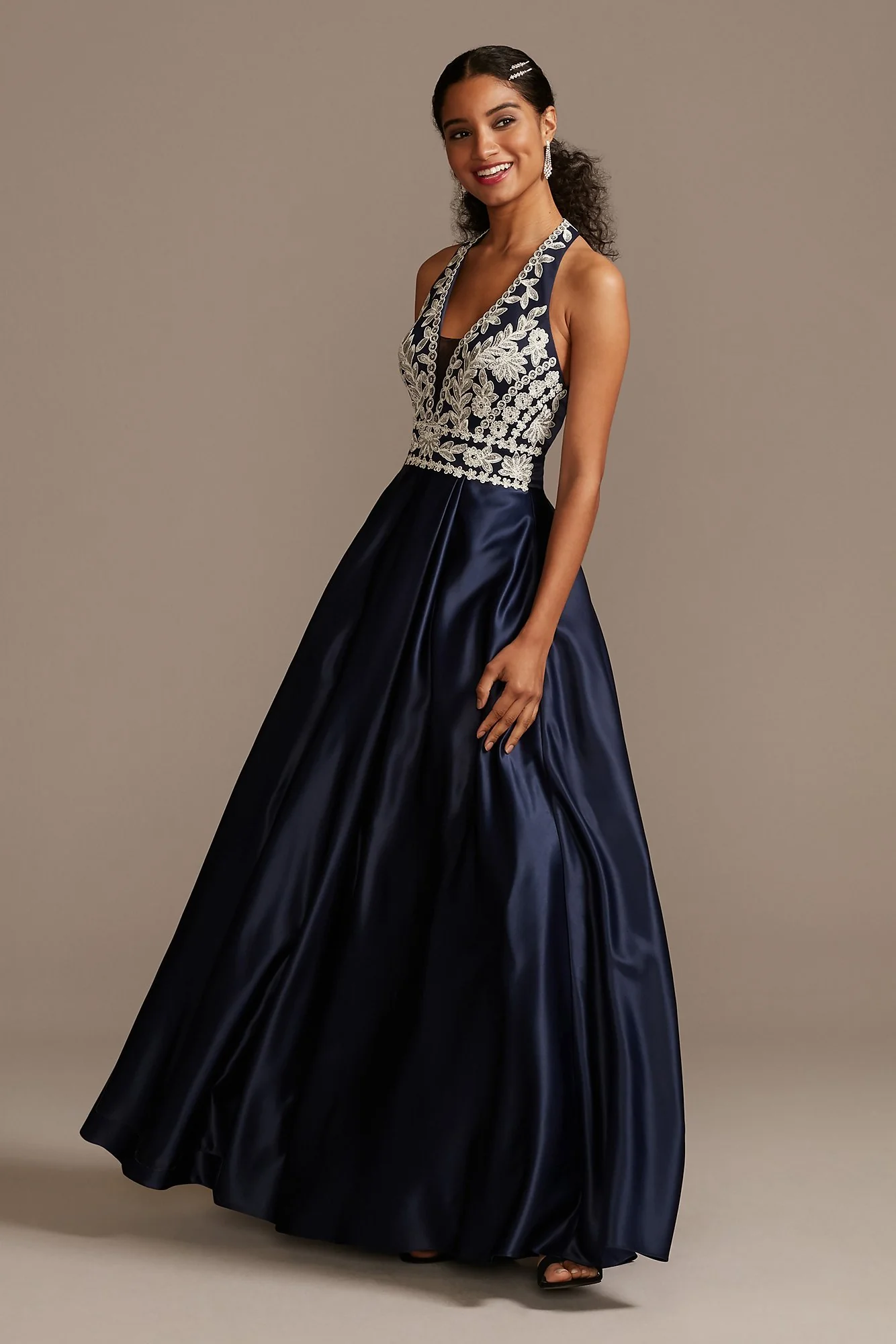 Embellished Bodice Satin Gown with Open Back