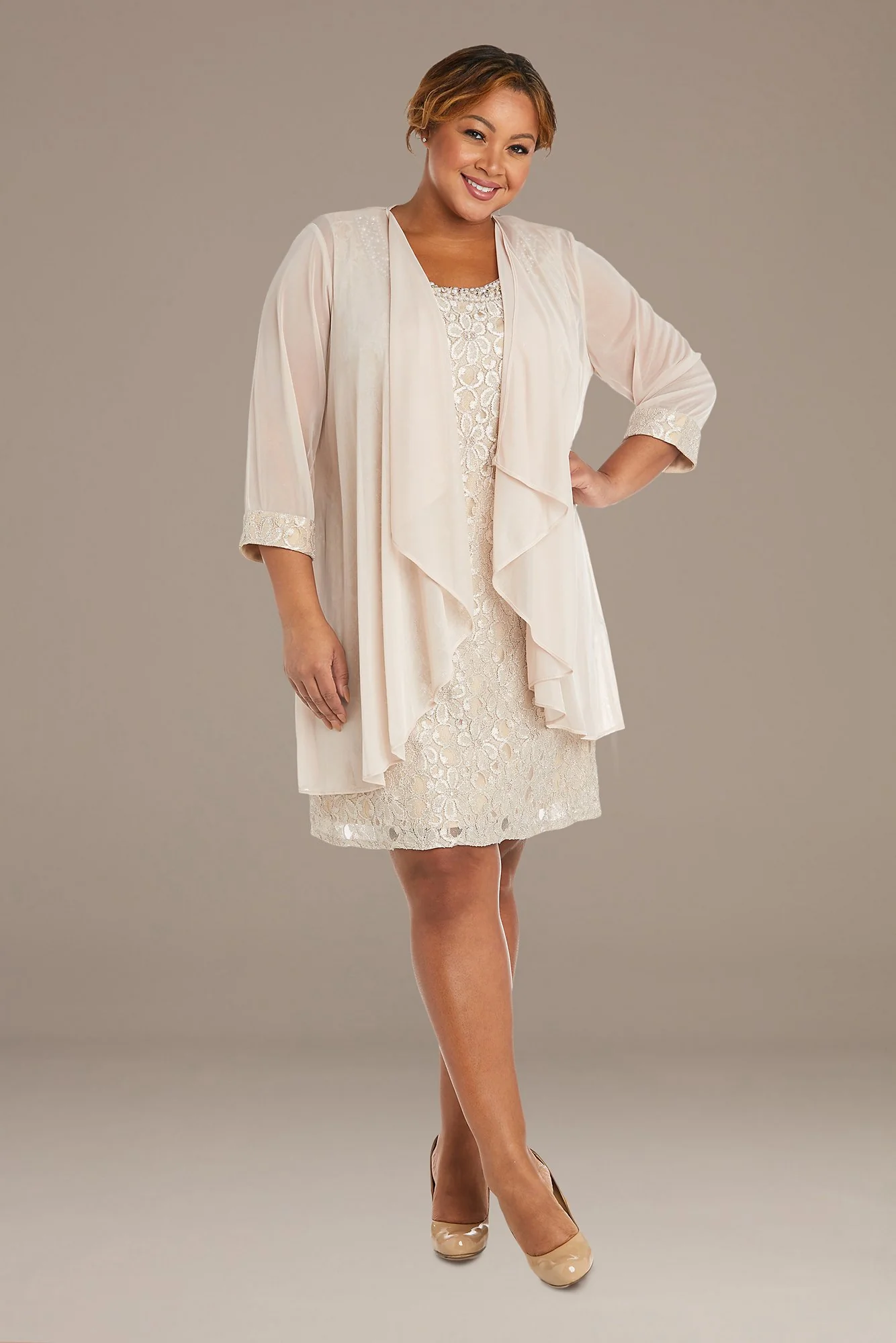 Embellished Glitter Lace Sheath Jacket Dress - Image 3