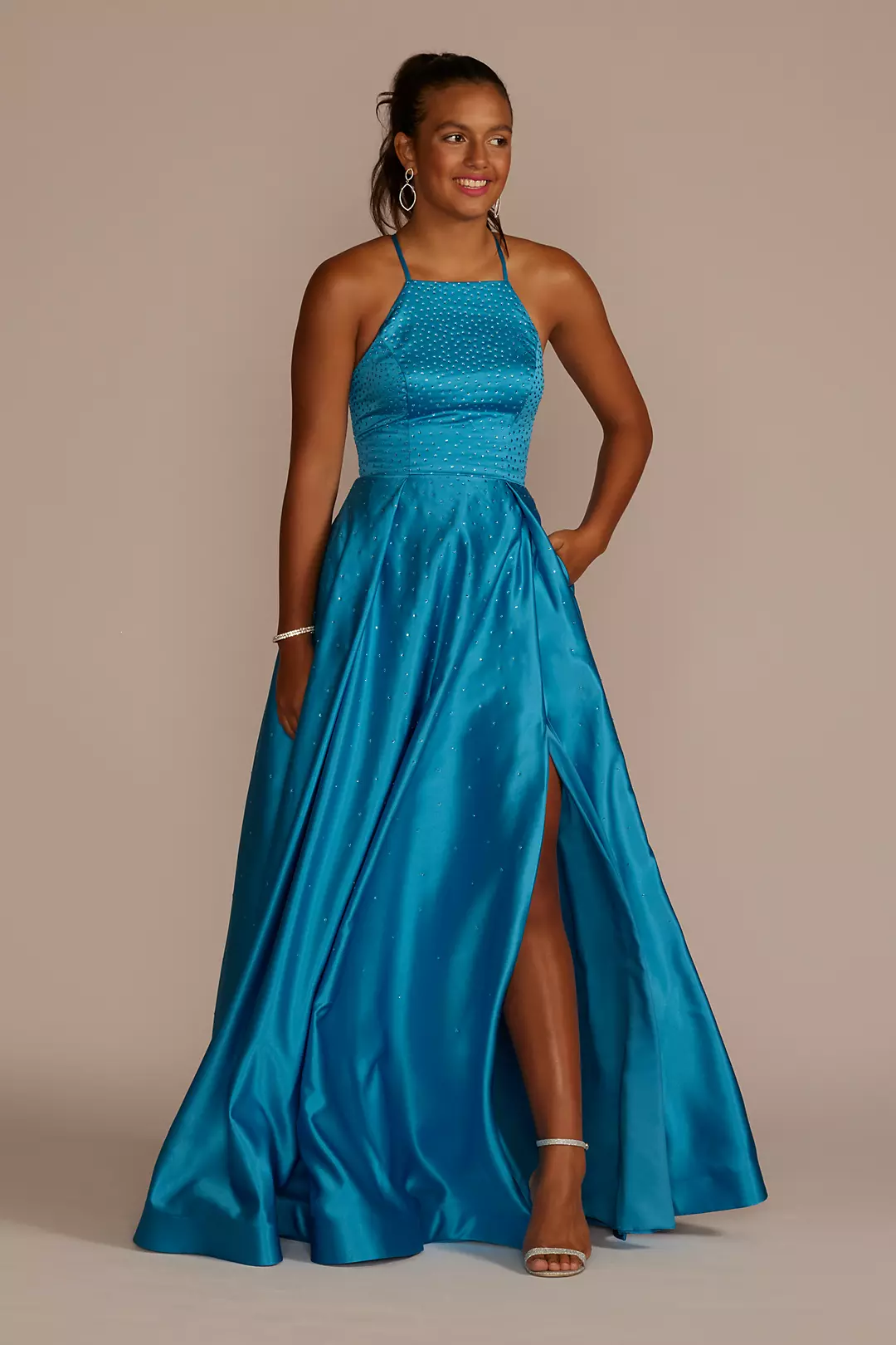 Embellished High Neck Satin Ball Gown with Slit - Image 2