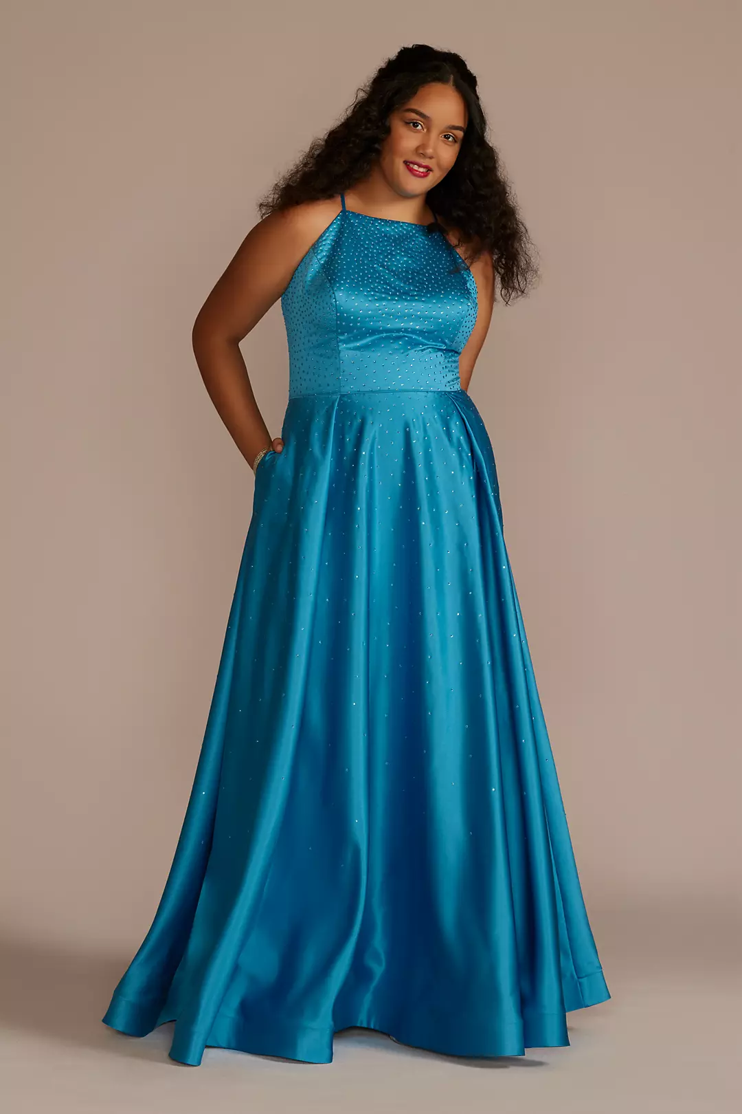 Embellished High Neck Satin Ball Gown with Slit - Image 3