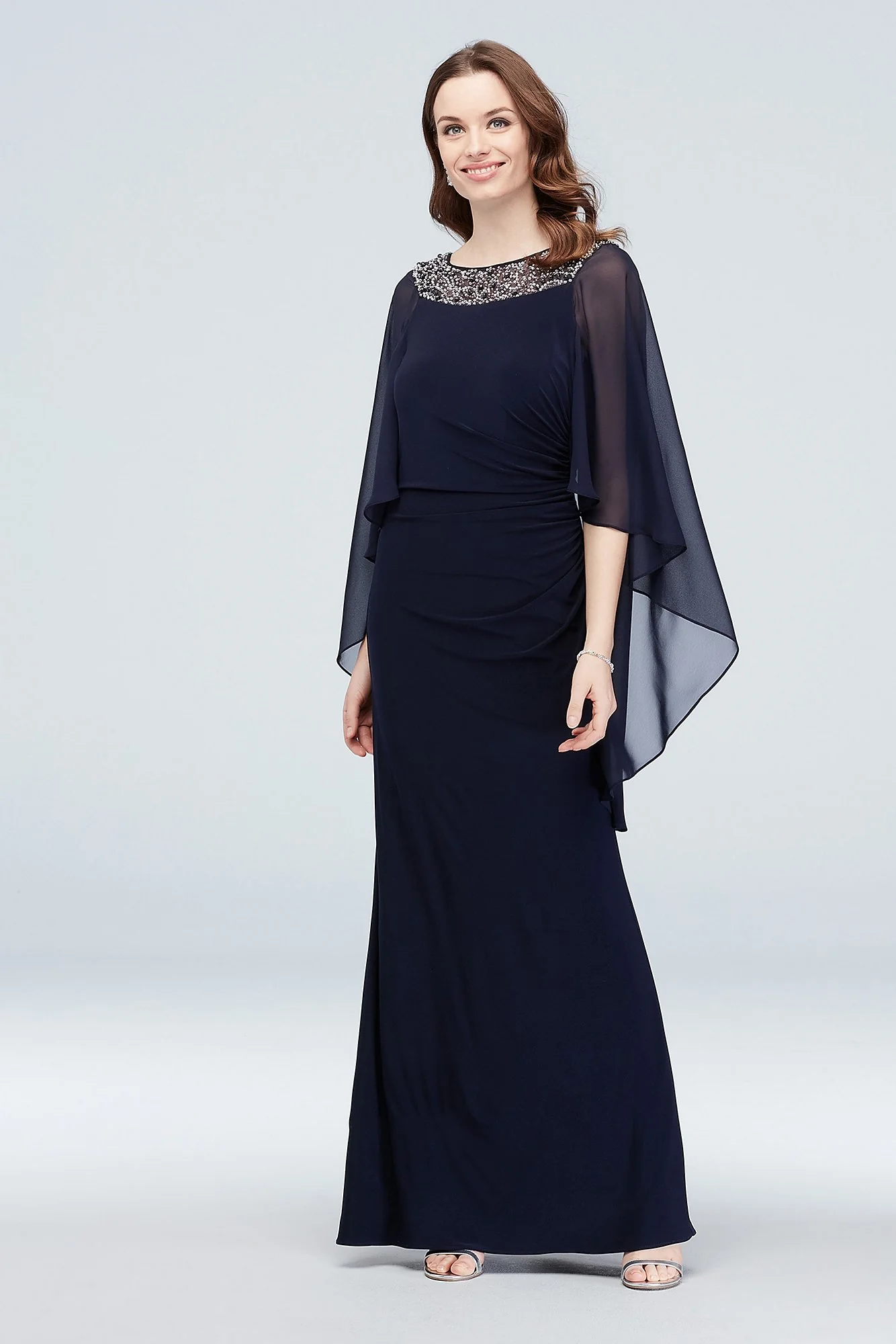 Embellished Neck Drape Sleeve Gown with Ruching