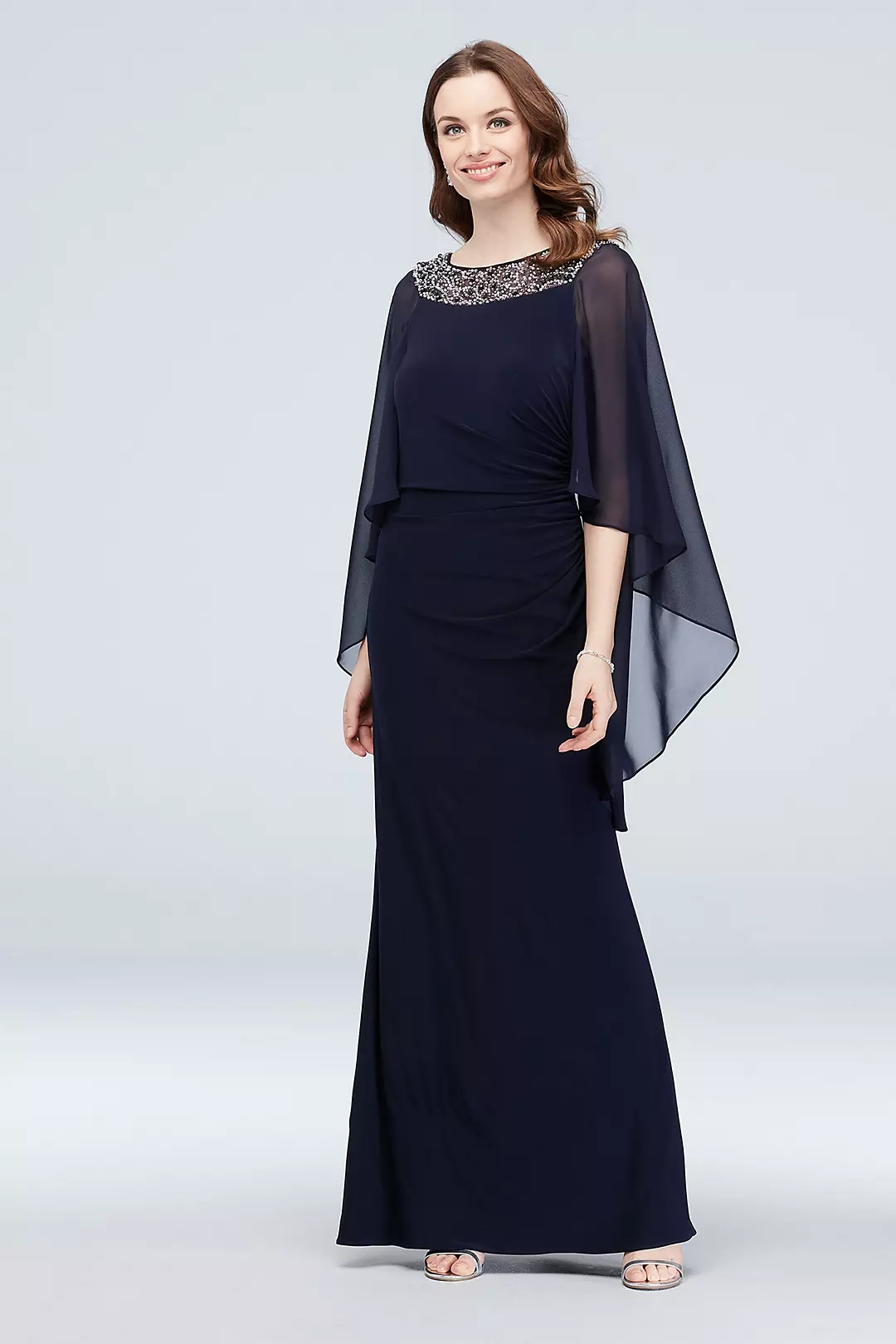 Embellished Neck Drape Sleeve Gown with Ruching - Image 4