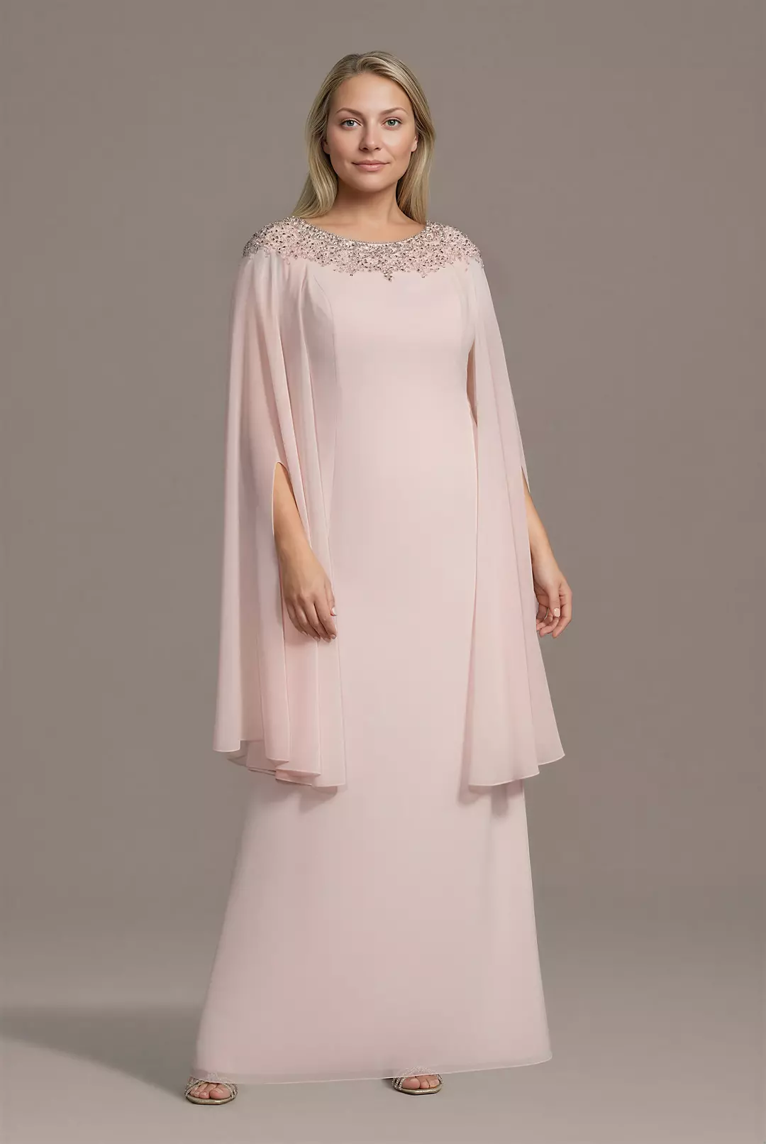 Embellished Neckline Chiffon Dress with Cape - Image 2
