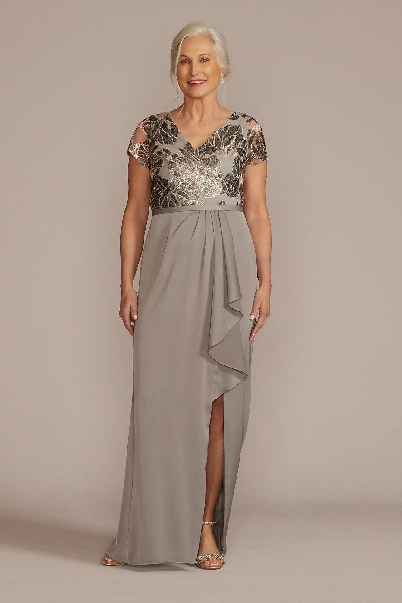 Embellished Satin Short Sleeve Gown with Ruffle