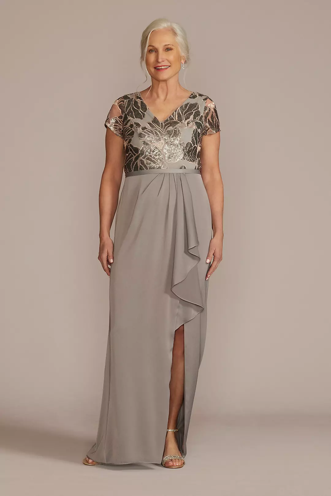 Embellished Satin Short Sleeve Gown with Ruffle - Image 2