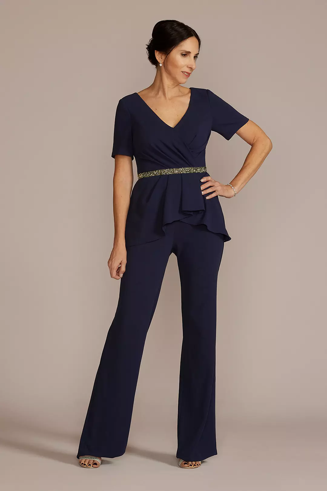 Embellished Waist Crepe Jumpsuit with Peplum - Image 4