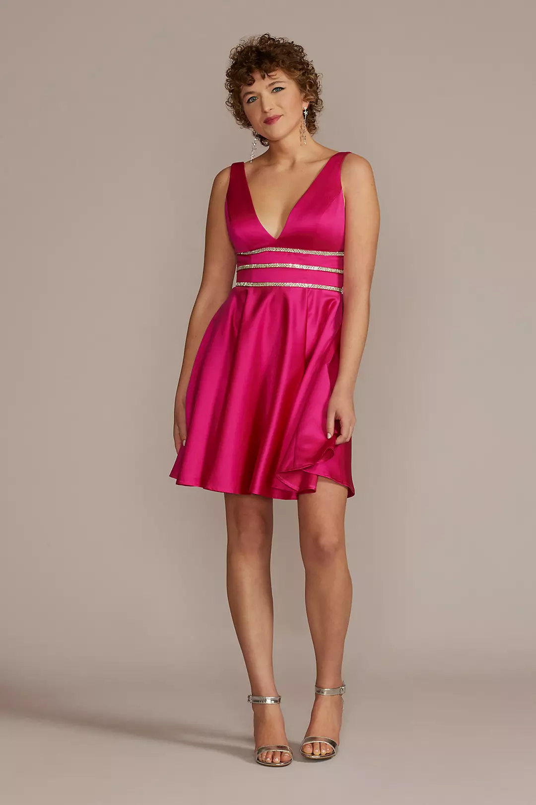 Embellished Waist Plunge Neck Mini A-Line Dress - Image 2