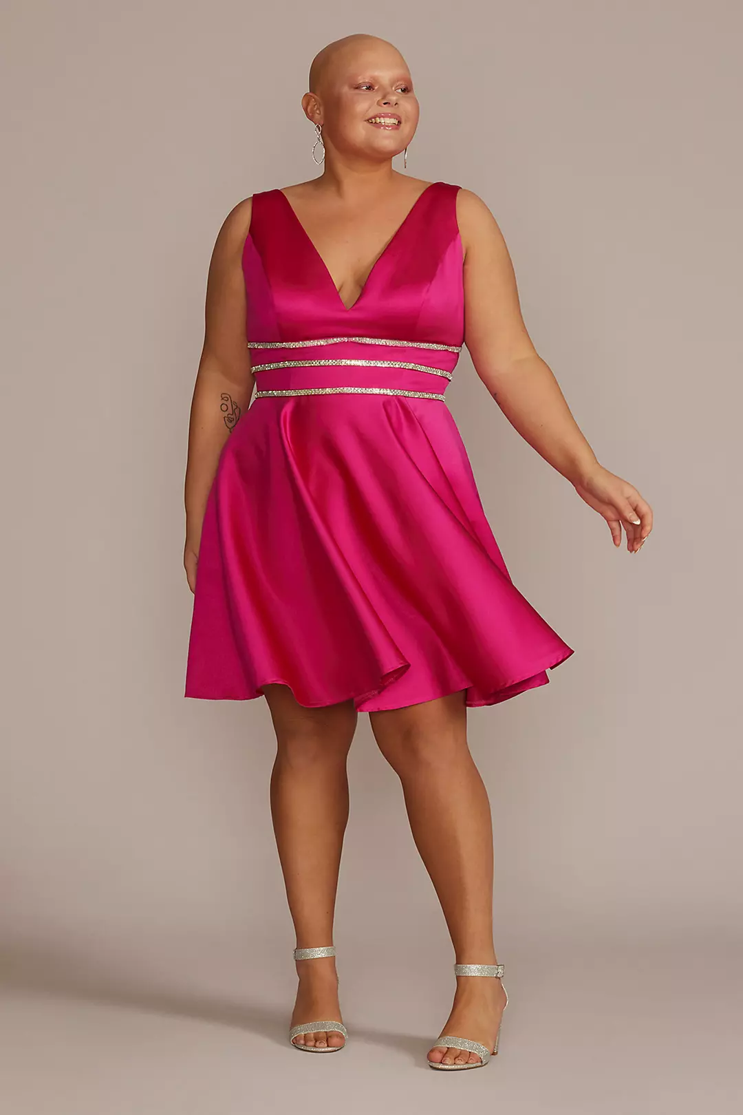 Embellished Waist Plunge Neck Mini A-Line Dress - Image 4