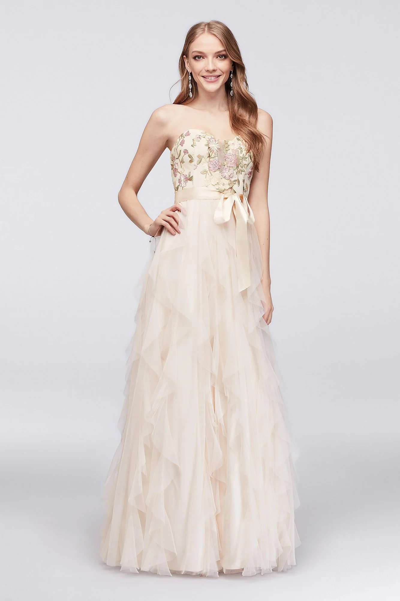 Embroidered A-Line Gown with Vertical Ruffle Skirt - Image 2