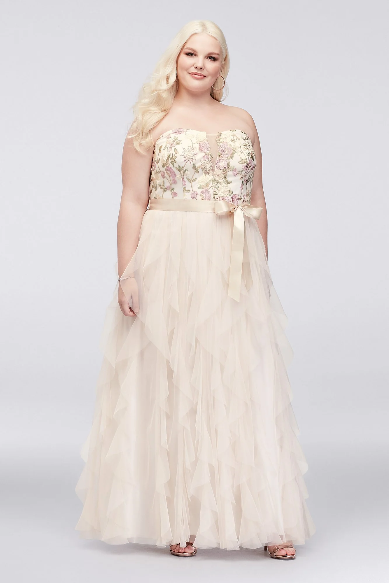 Embroidered A-Line Gown with Vertical Ruffle Skirt - Image 3