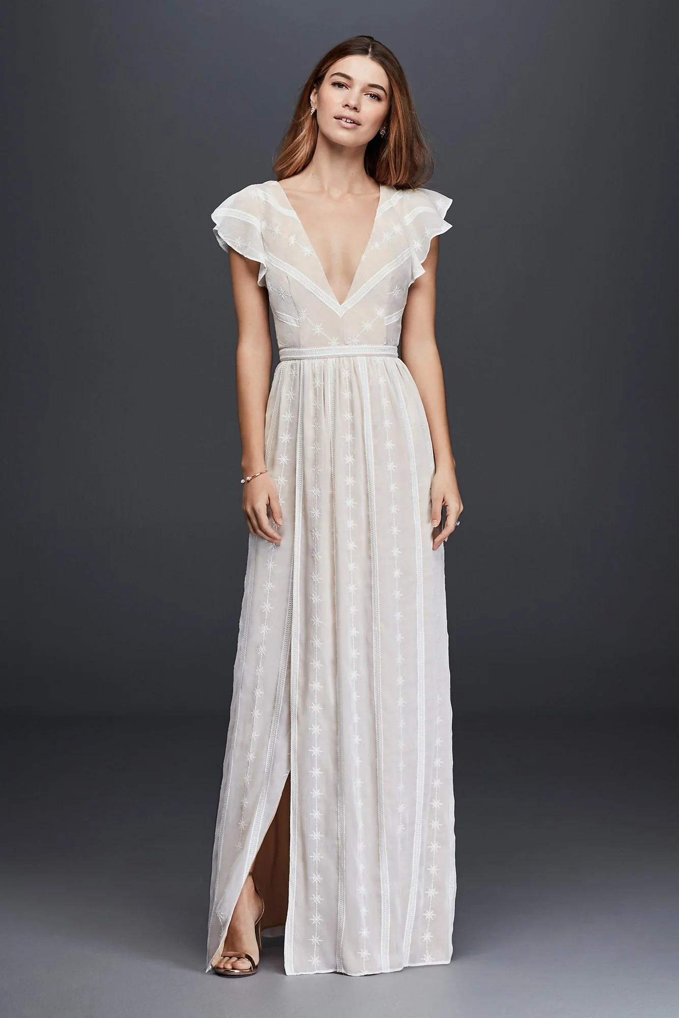 Embroidered Chiffon Dress with Plunging Neckline