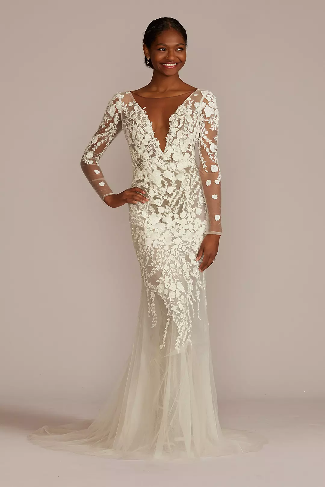 Embroidered Floral Illusion Bodysuit Wedding Dress - Image 23