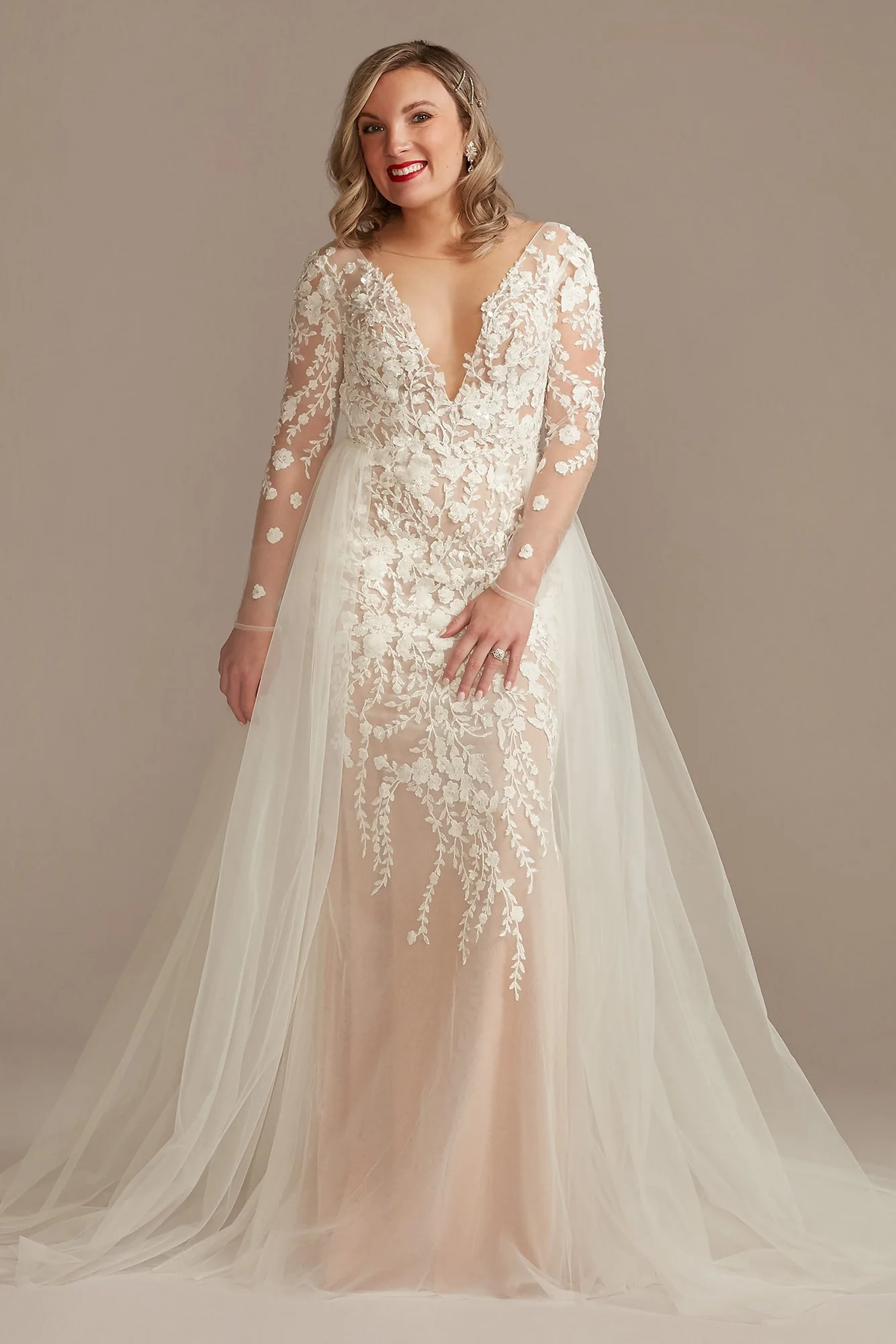 Embroidered Floral Illusion Bodysuit Wedding Dress - Image 3