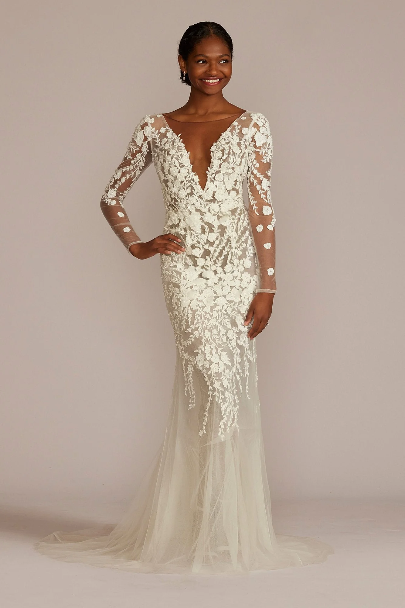 Embroidered Floral Illusion Bodysuit Wedding Dress - Image 32