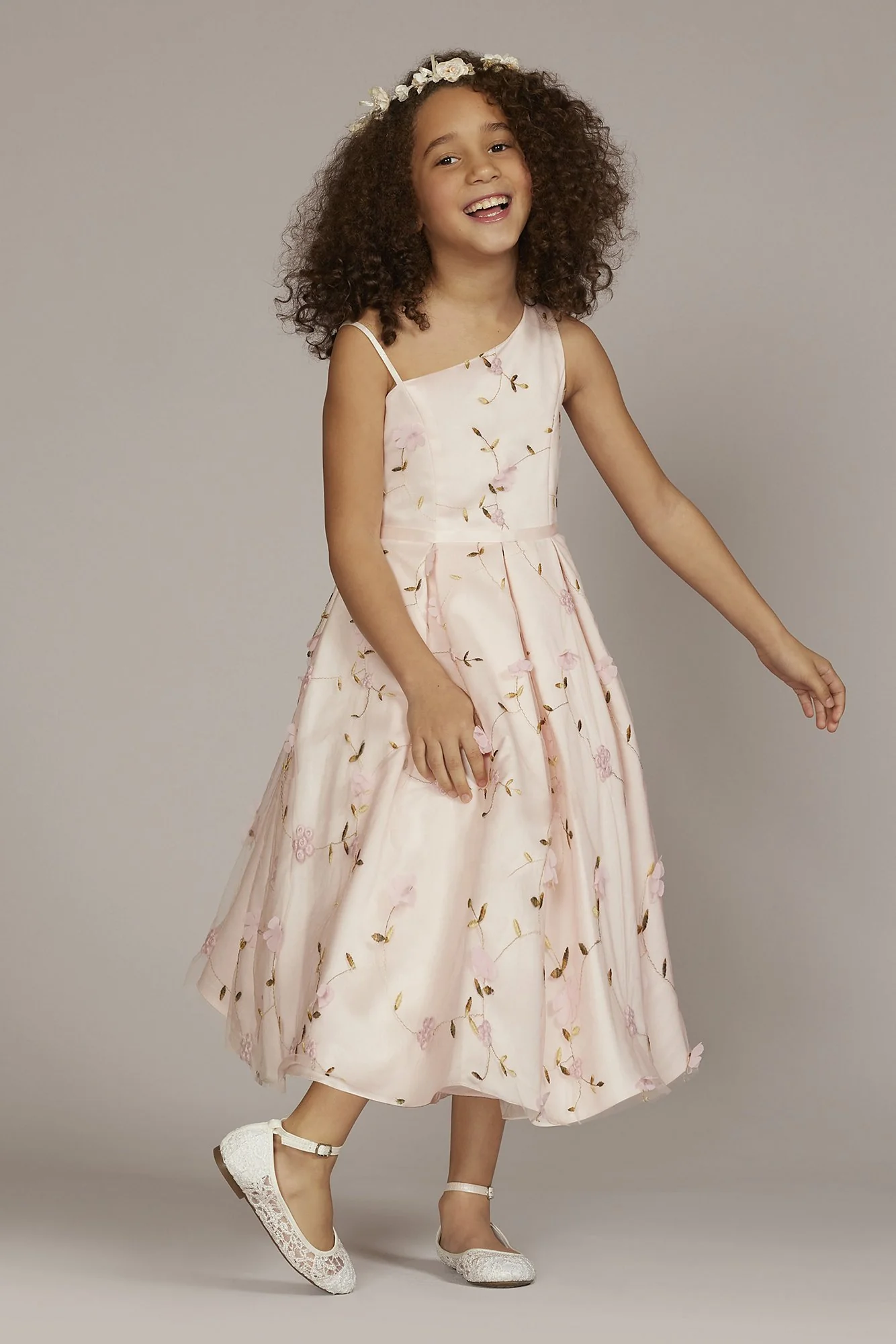 Embroidered Floral One Shoulder Flower Girl Dress