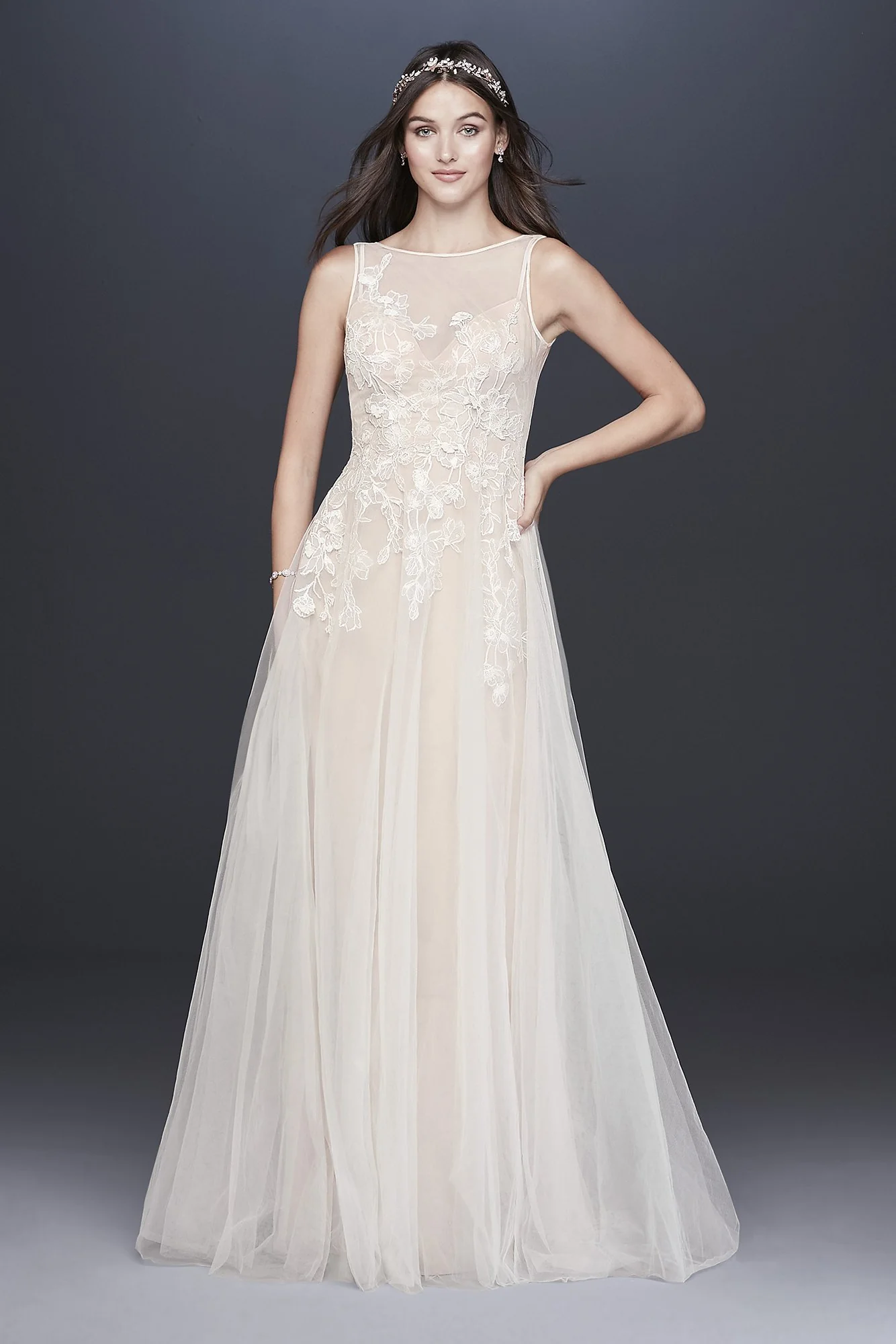 Embroidered Floral Tulle A-Line Wedding Dress - Image 6