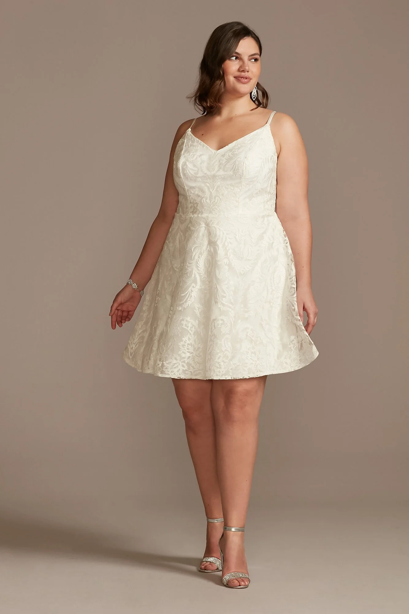 Embroidered Glitter Damask V-Neck Mini Dress - Image 3