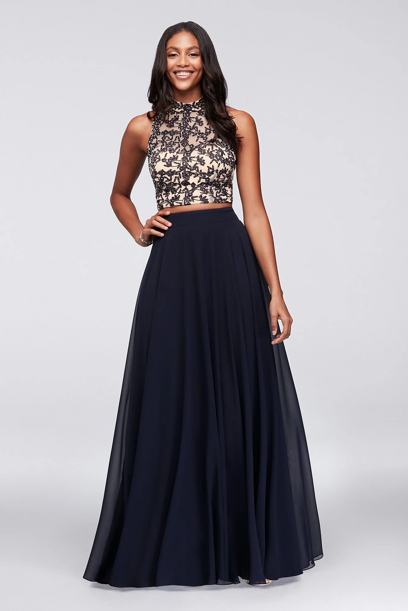 Embroidered Halter Crop Top and Chiffon Skirt Set