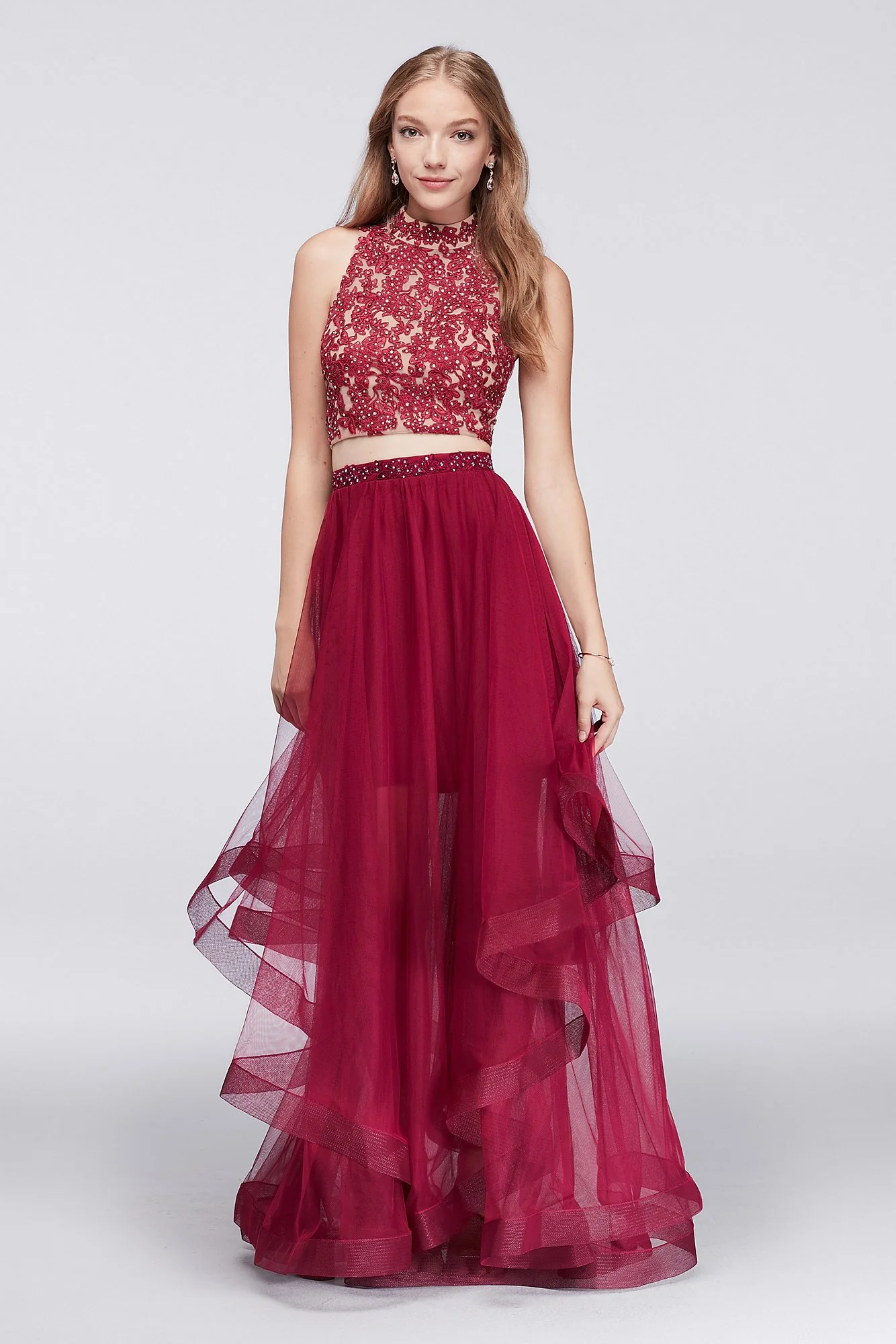 Embroidered Halter Crop Top and Tiered Skirt Set - Image 2
