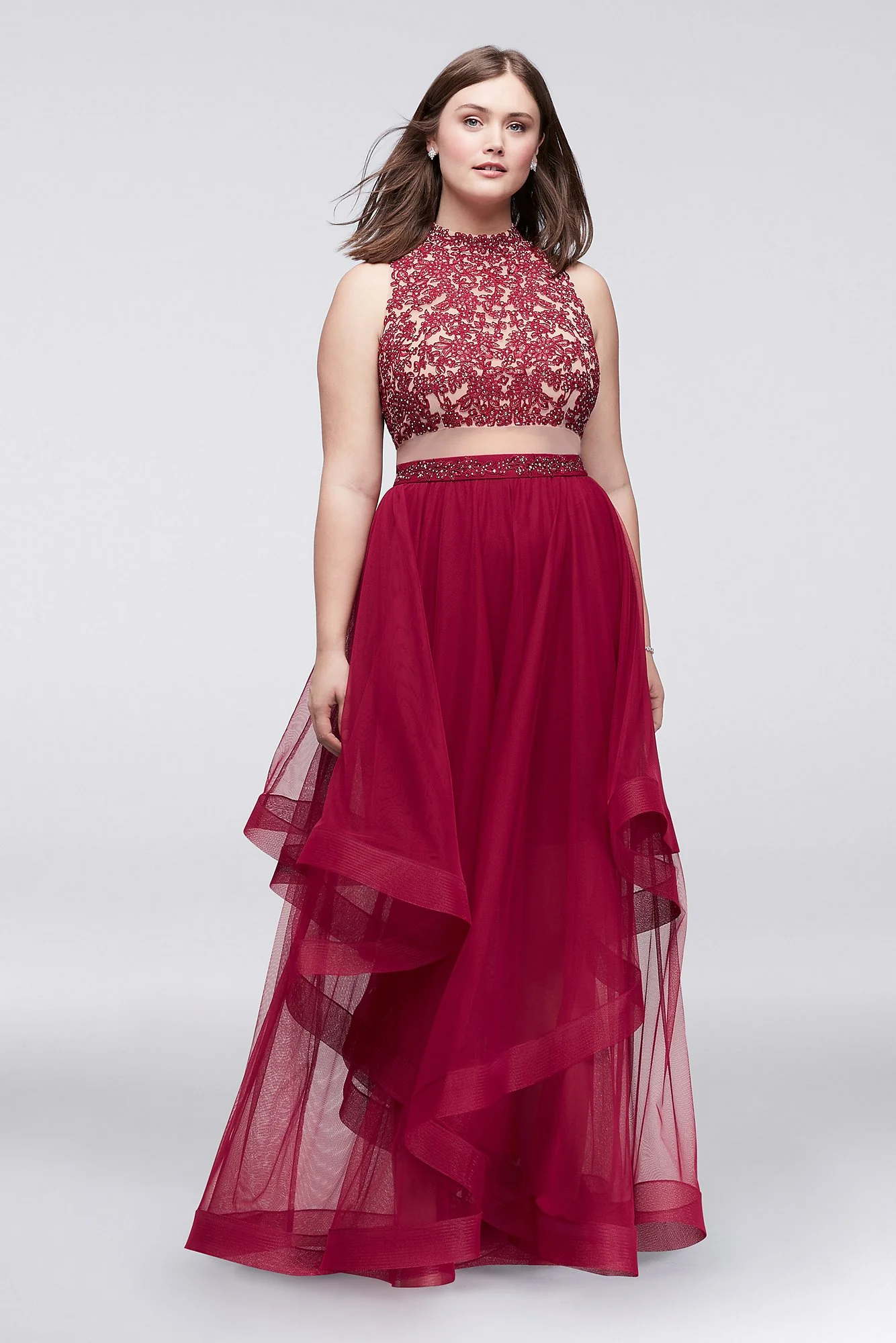 Embroidered Halter Faux Two-Piece Dress