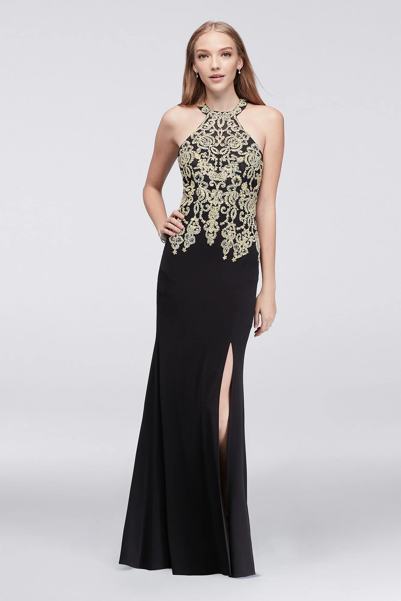 Embroidered Halter Gown with Illusion Keyhole Back