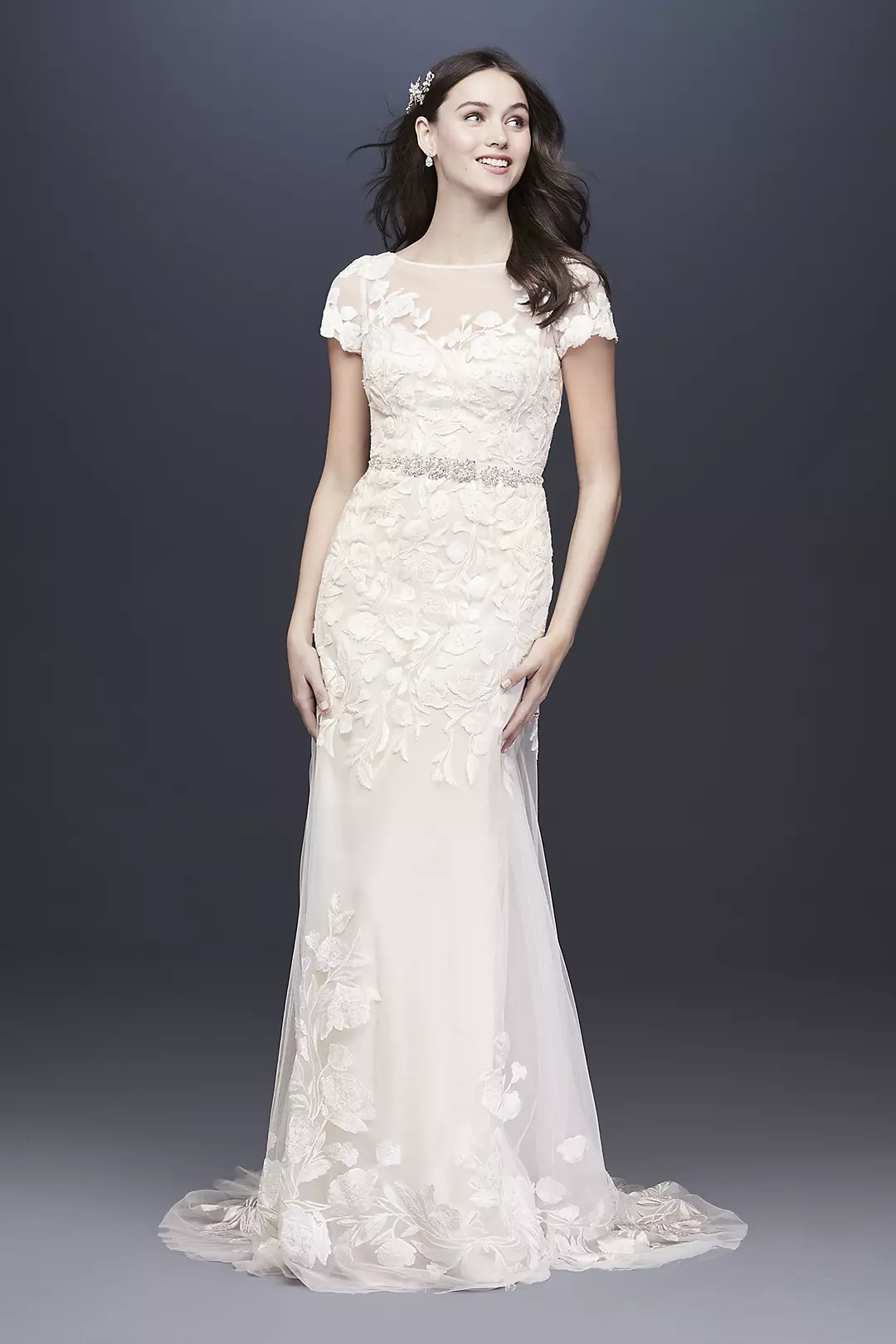 Floral Illusion Cap Sleeve Wedding Dress - Image 11
