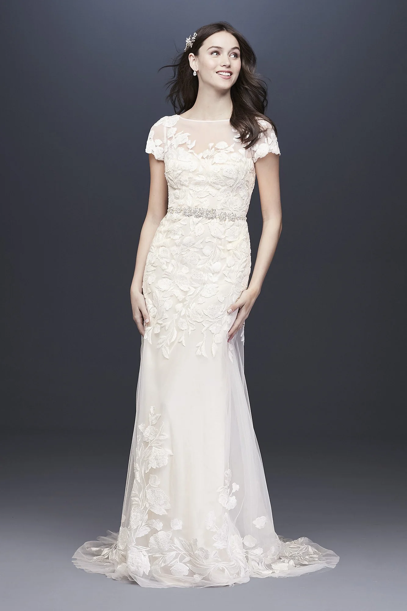 Floral Illusion Cap Sleeve Wedding Dress - Image 7