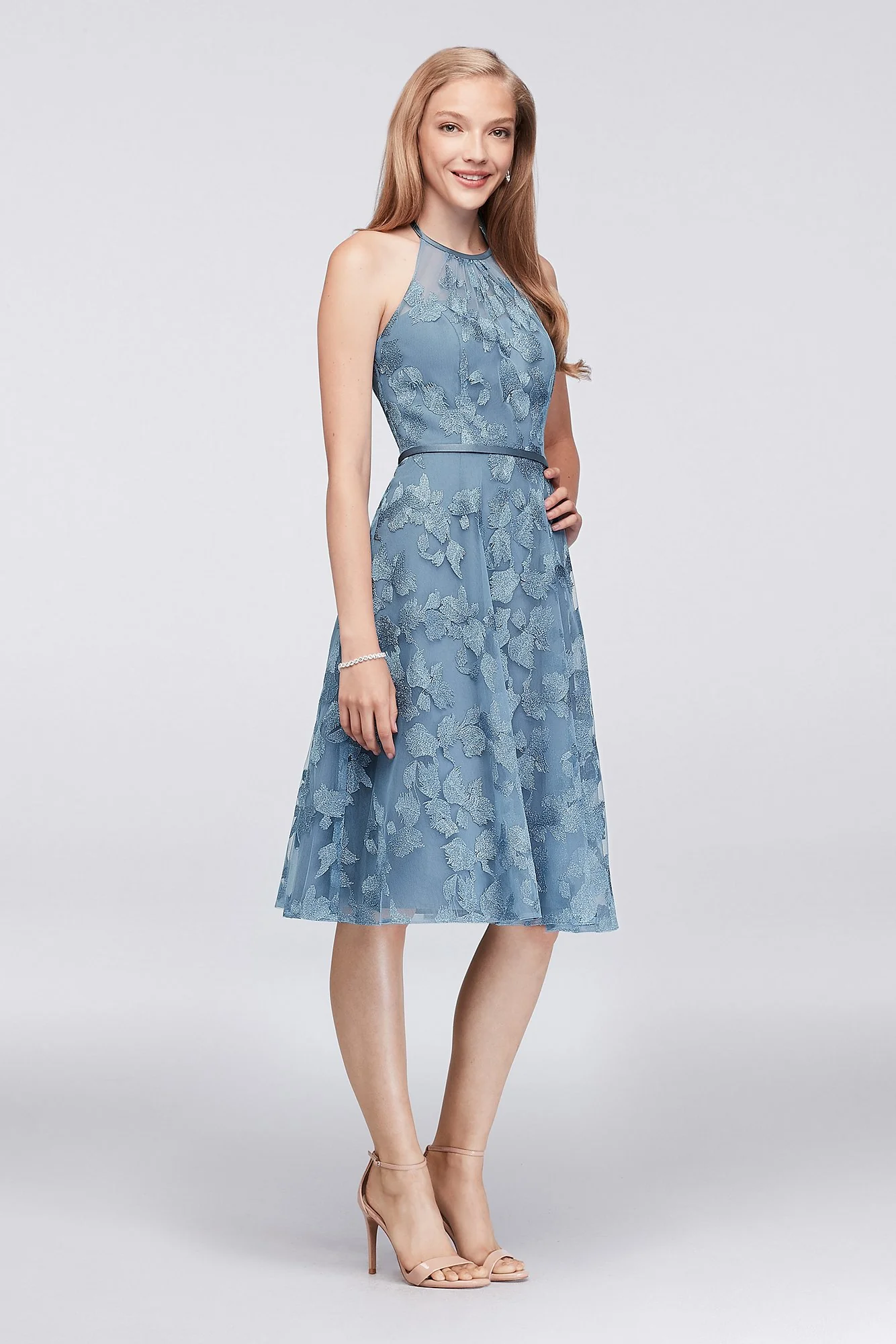 Embroidered Illusion Halter Bridesmaid Dress - Image 4