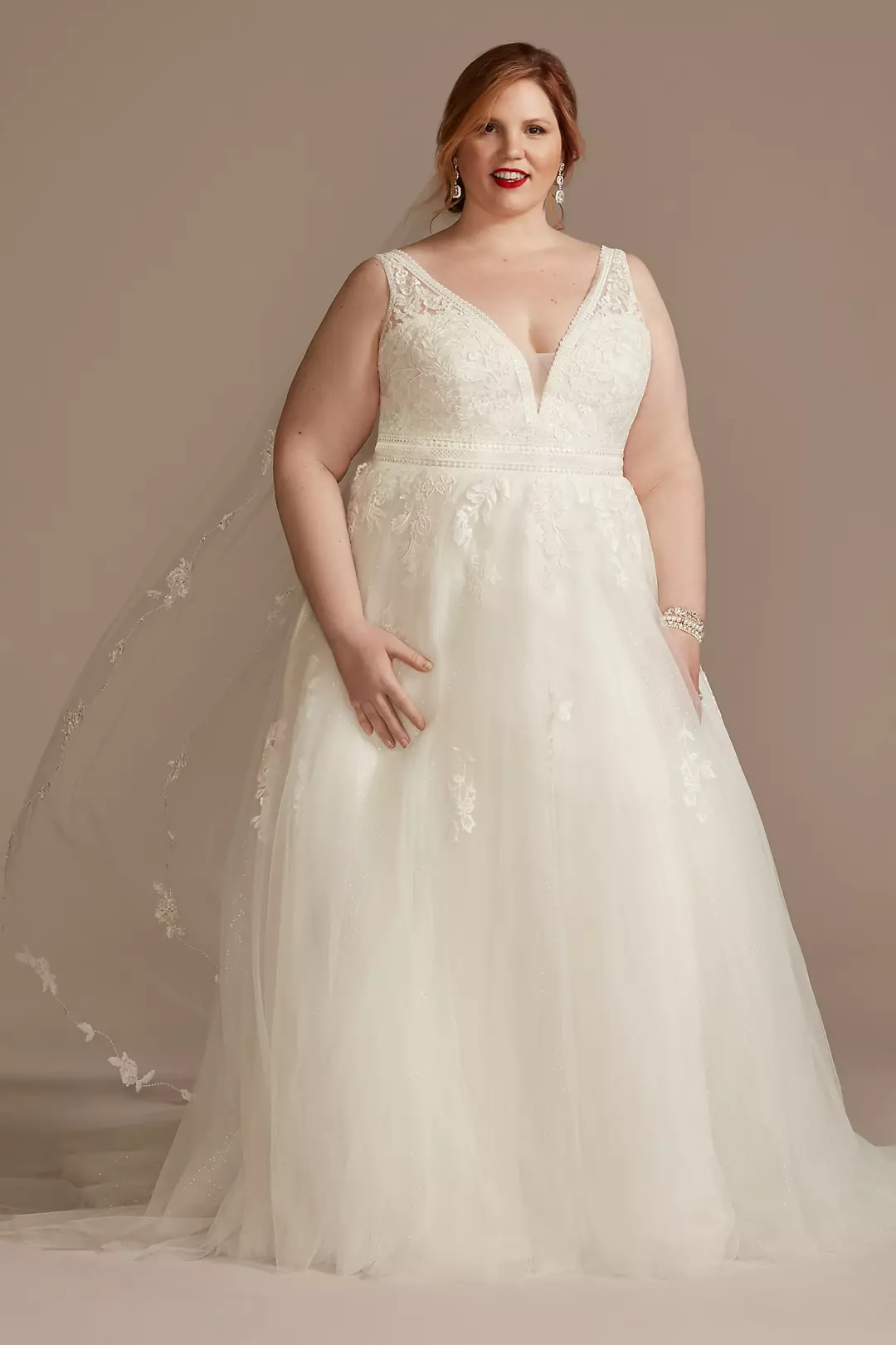 Embroidered V-Neck Wedding Dress with Tulle Skirt - Image 37