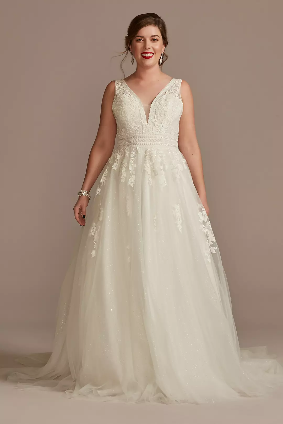 Embroidered V-Neck Wedding Dress with Tulle Skirt - Image 39