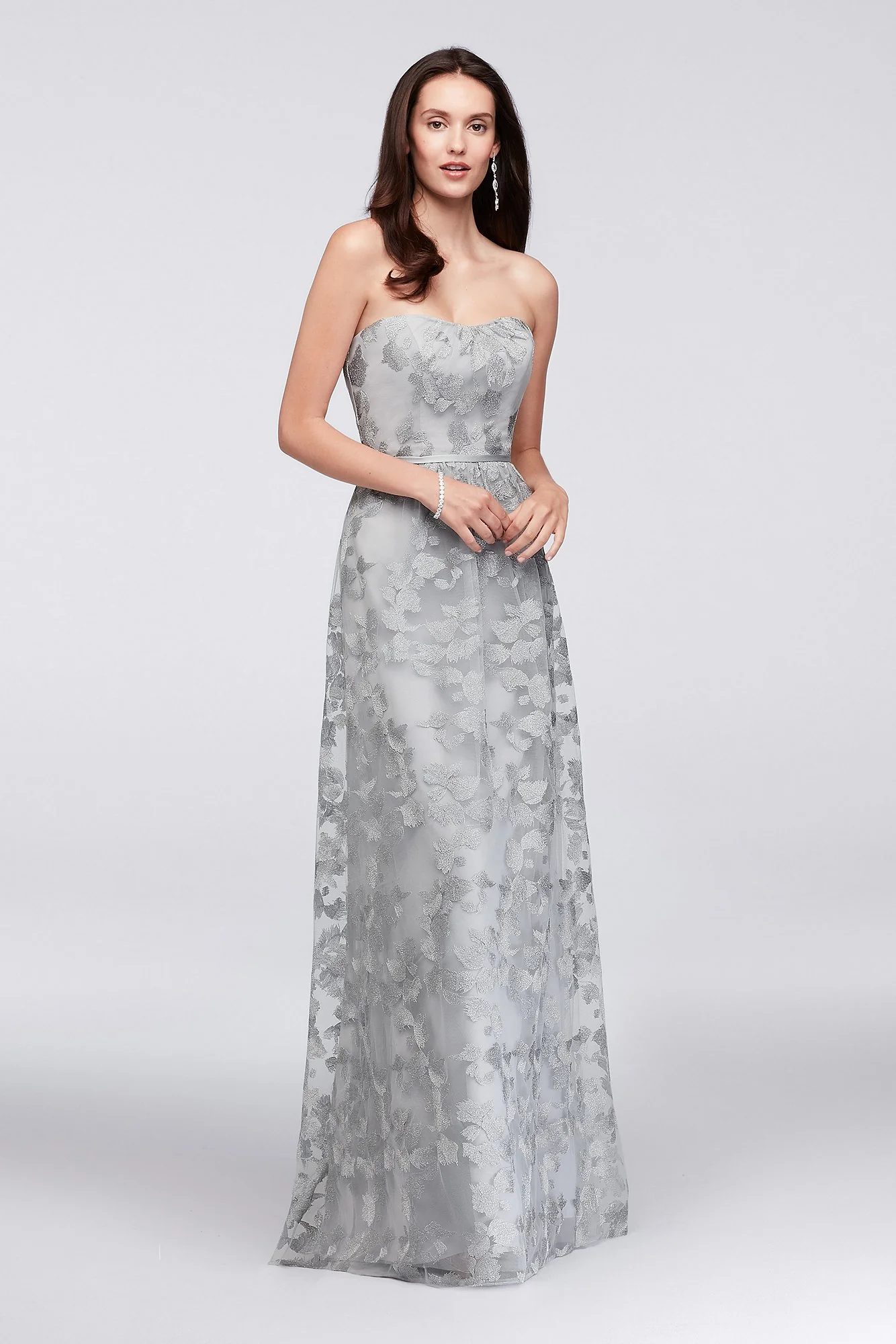 Embroidered Long Strapless Bridesmaid Dress