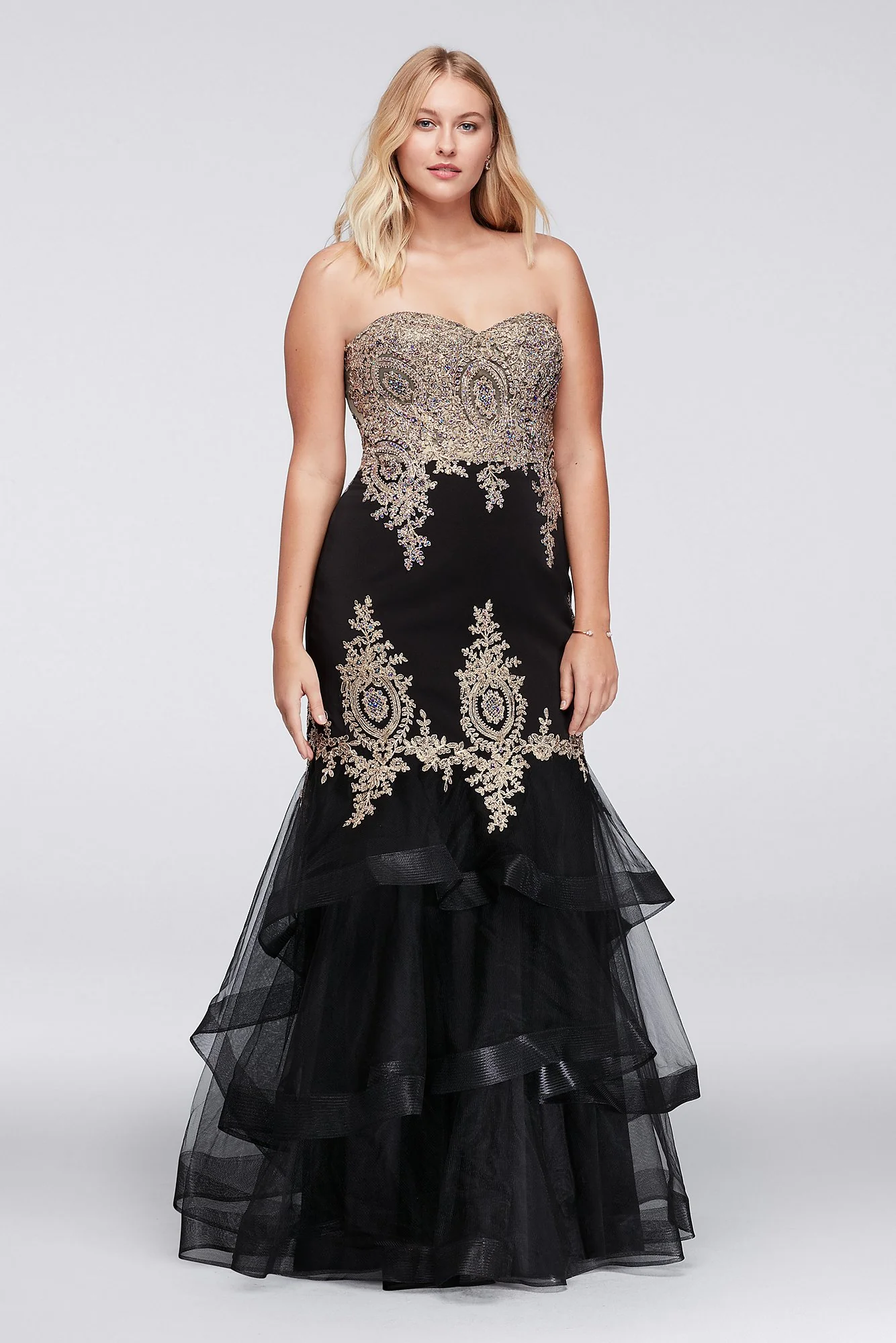 Embroidered Mermaid Gown with Tiered Skirt - Image 3