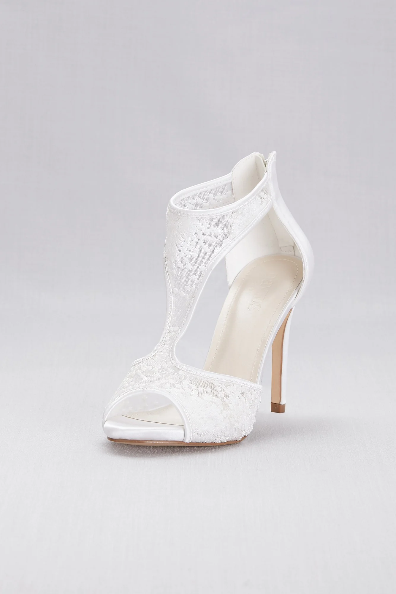 Embroidered Mesh and Satin T-Strap Heels
