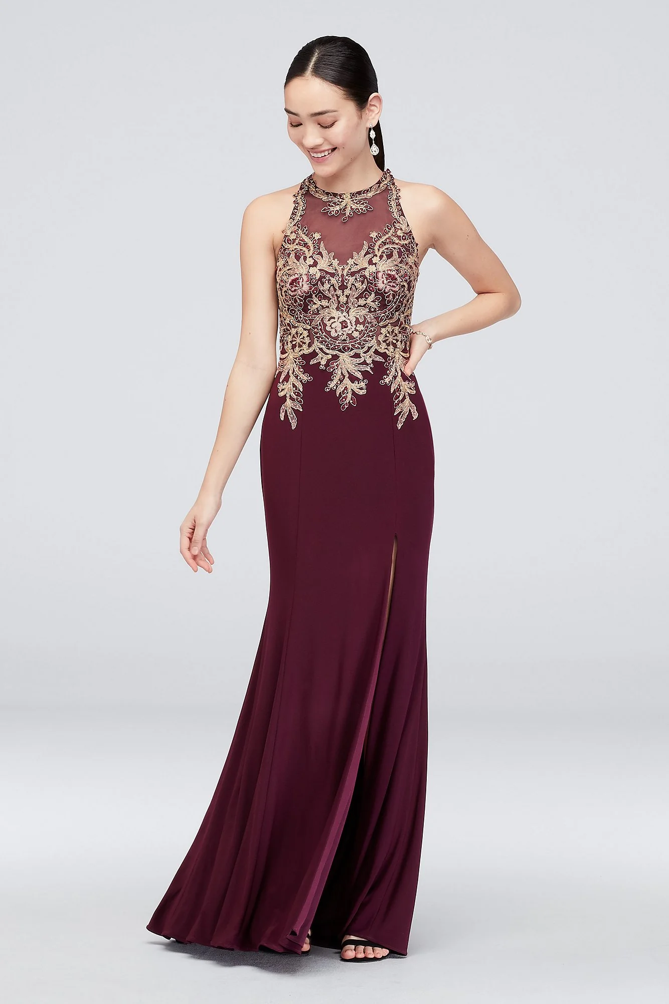 Embroidered Metallic Floral Jersey Sheath Dress