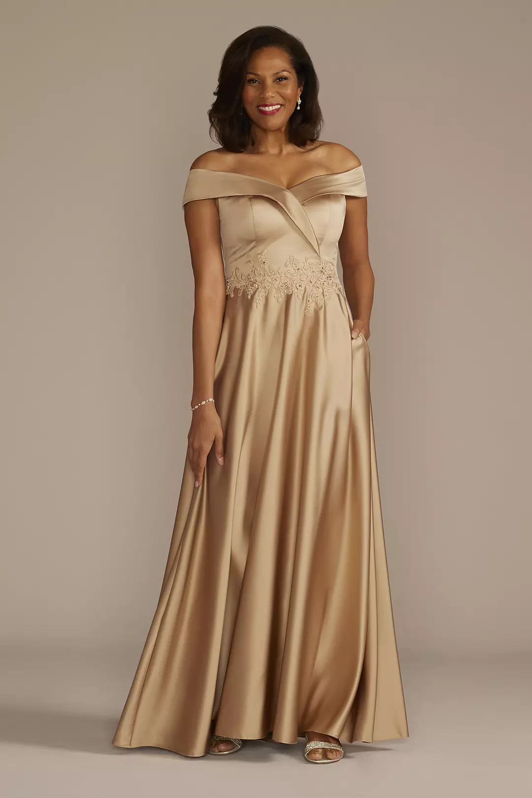 Embroidered Off-the-Shoulder Satin A-Line Dress - Image 5