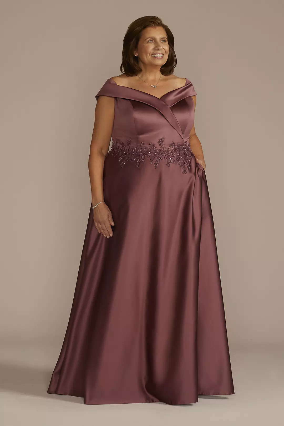 Embroidered Off-the-Shoulder Satin A-Line Dress - Image 6