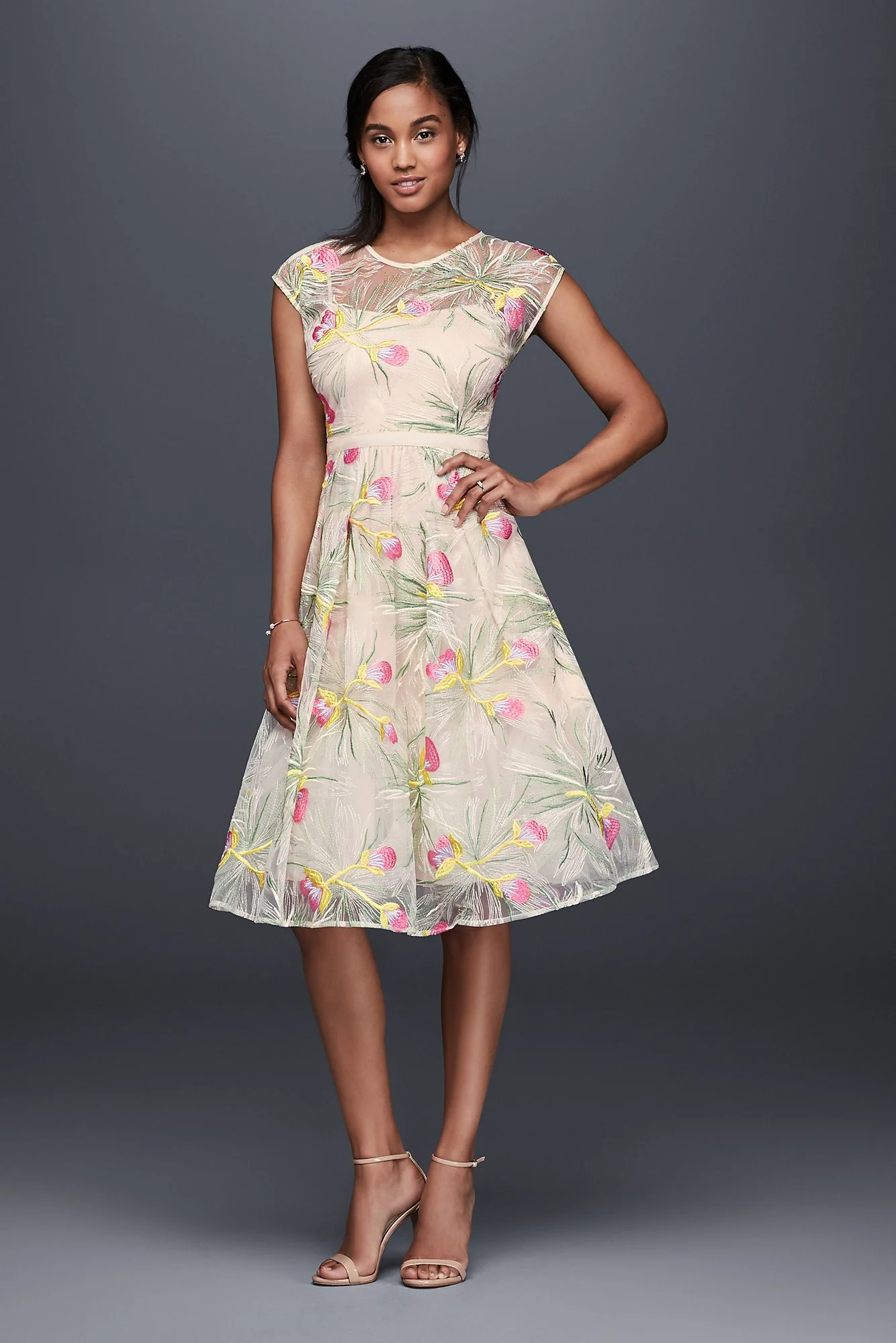 Embroidered Organza Fit-and-Flare Midi Dress