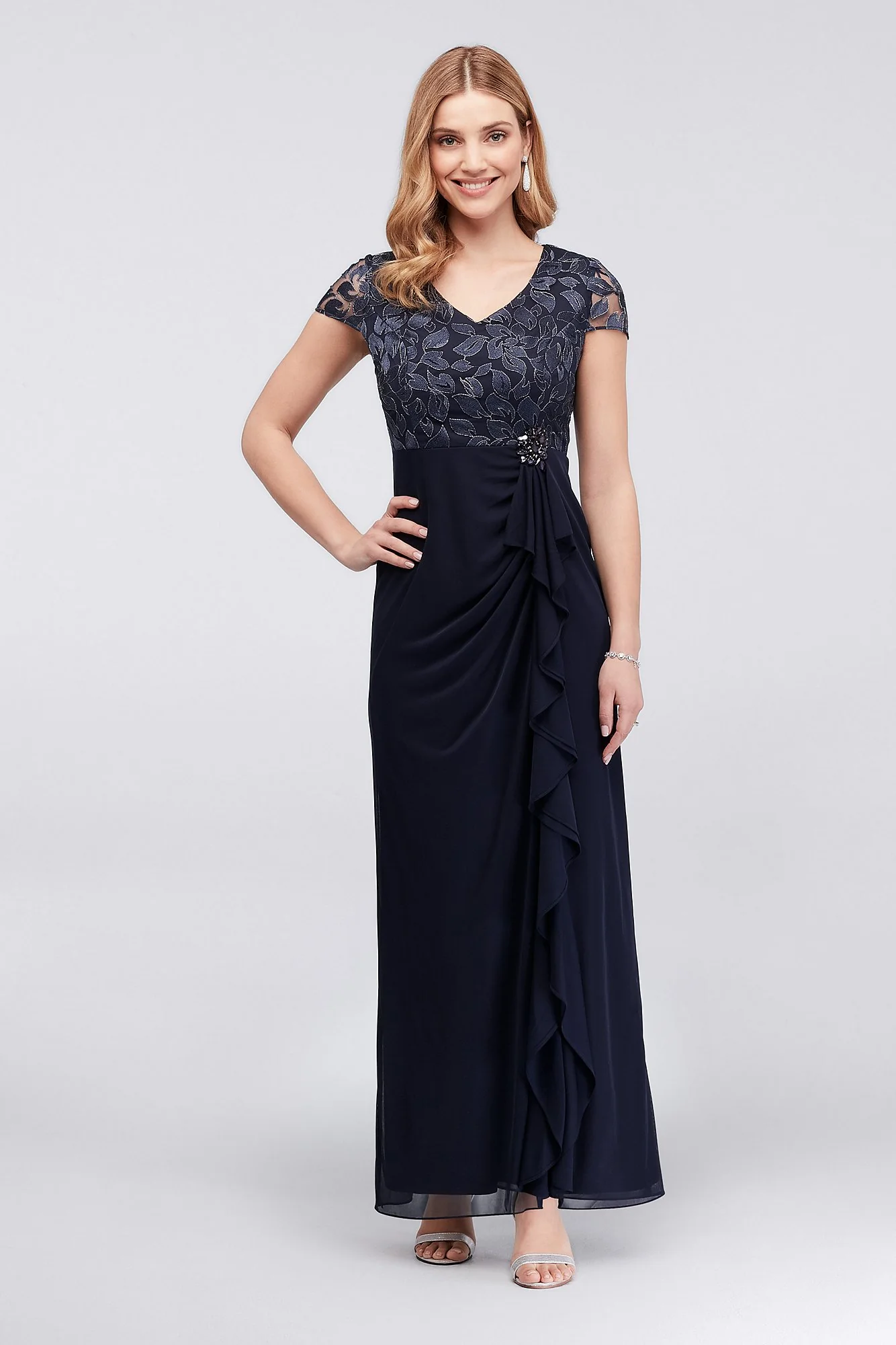 Embroidered Petite Sheath with Cascade Skirt