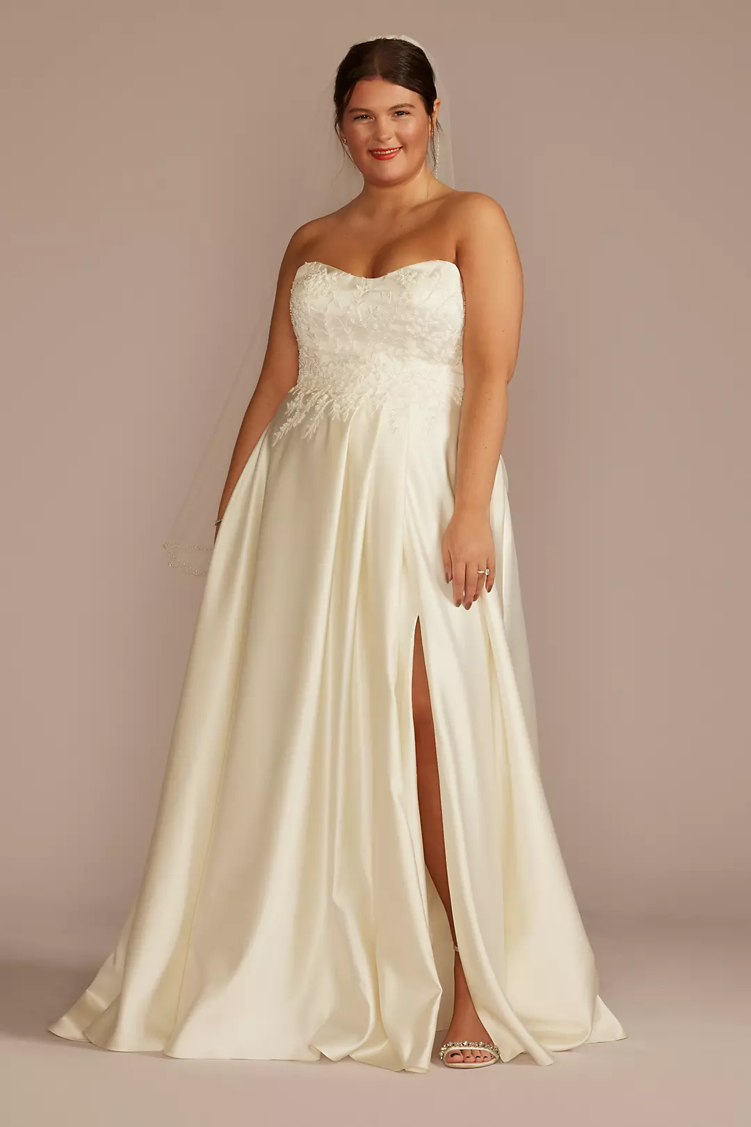 Embroidered Pleated Satin Ball Gown Wedding Dress - Image 7